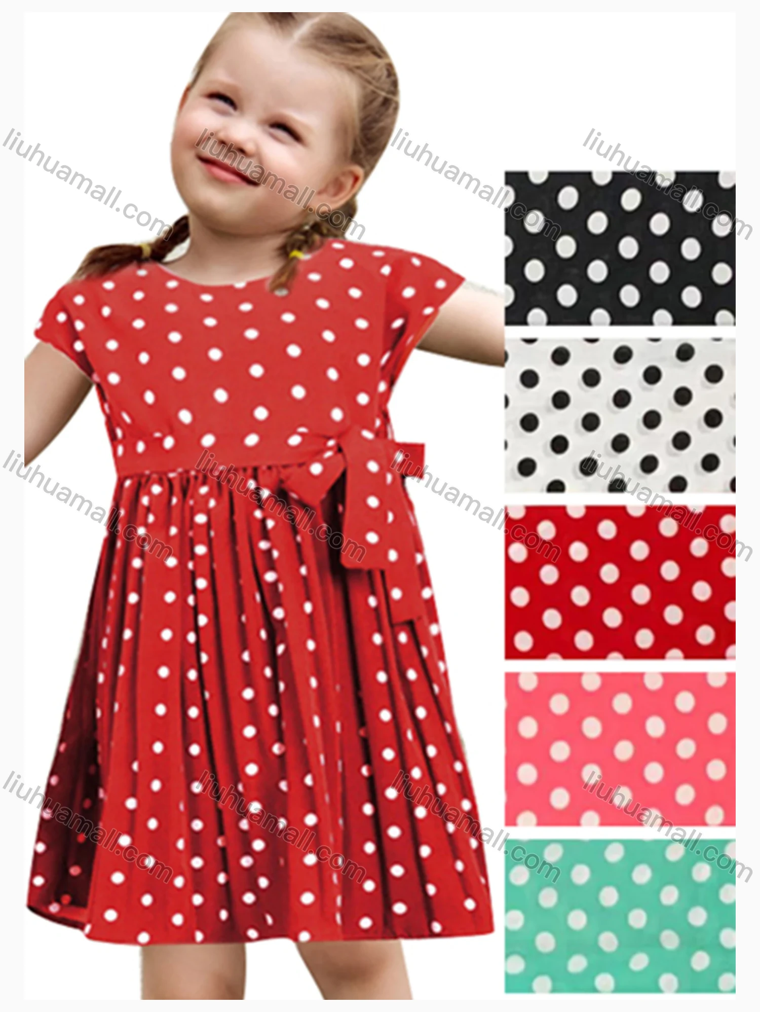 Wholesale Girls Causal Crew Neck Cap Sleeve Polka Dot Dress With Belt - Liuhuamall