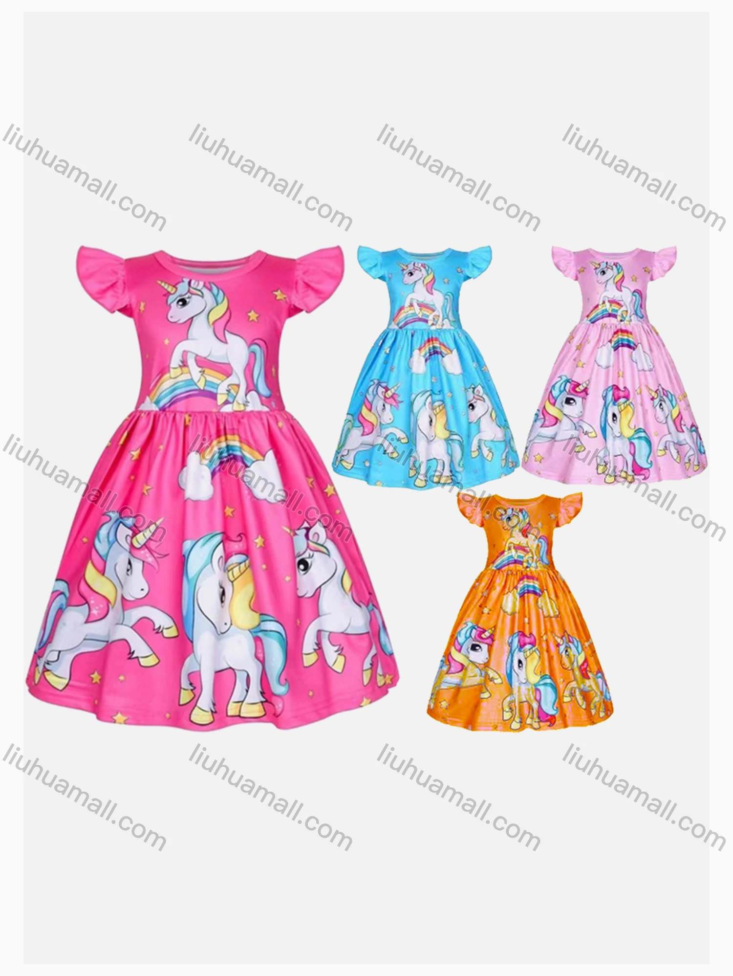 Wholesale Girls Causal Crew Neck Ruffle Sleeve Cartoon Print Dress - Liuhuamall