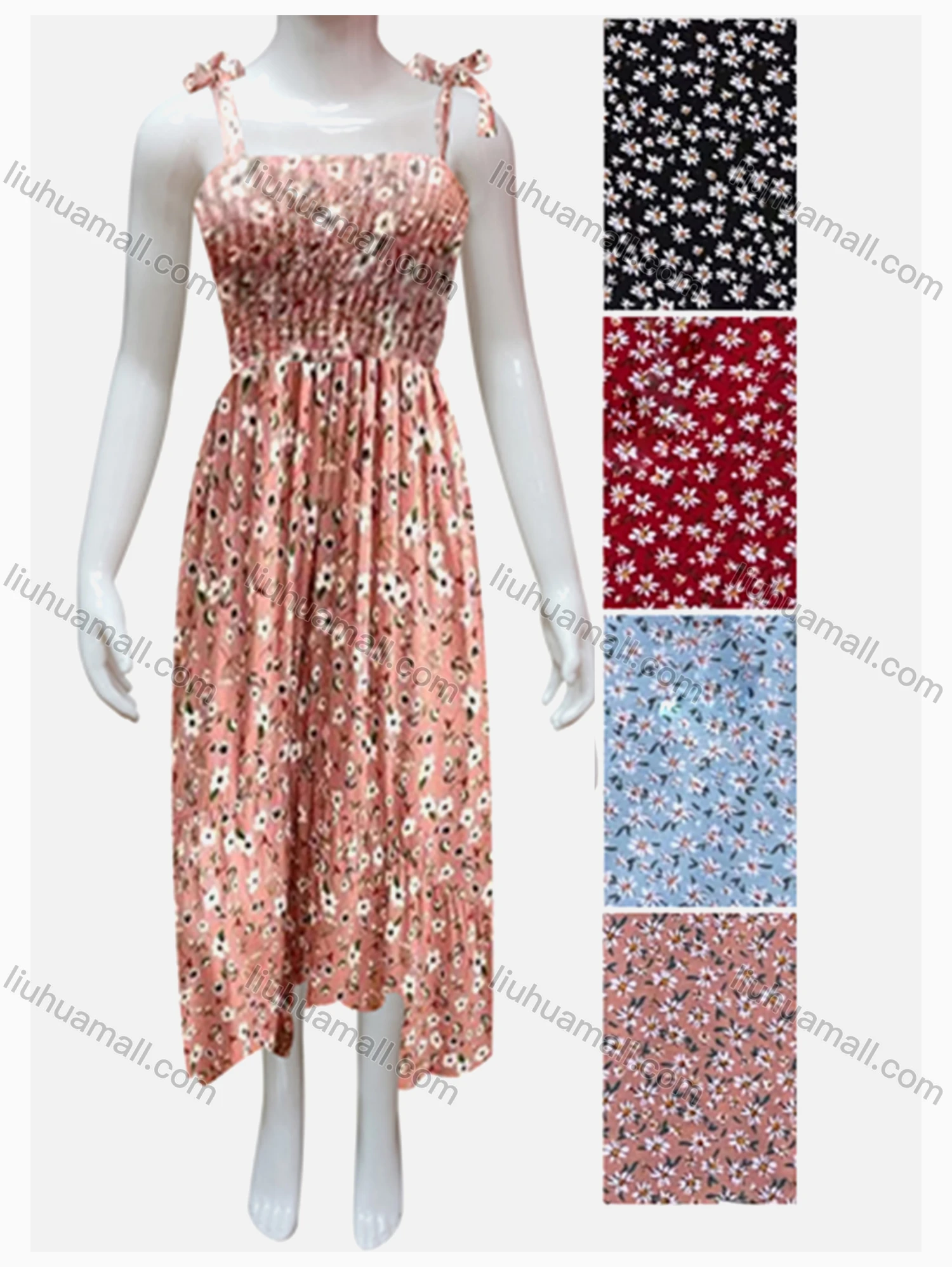 Wholesale Girls Causal Ruched Square Neck Sleeveless Tie Side Floral Print Dress - Liuhuamall