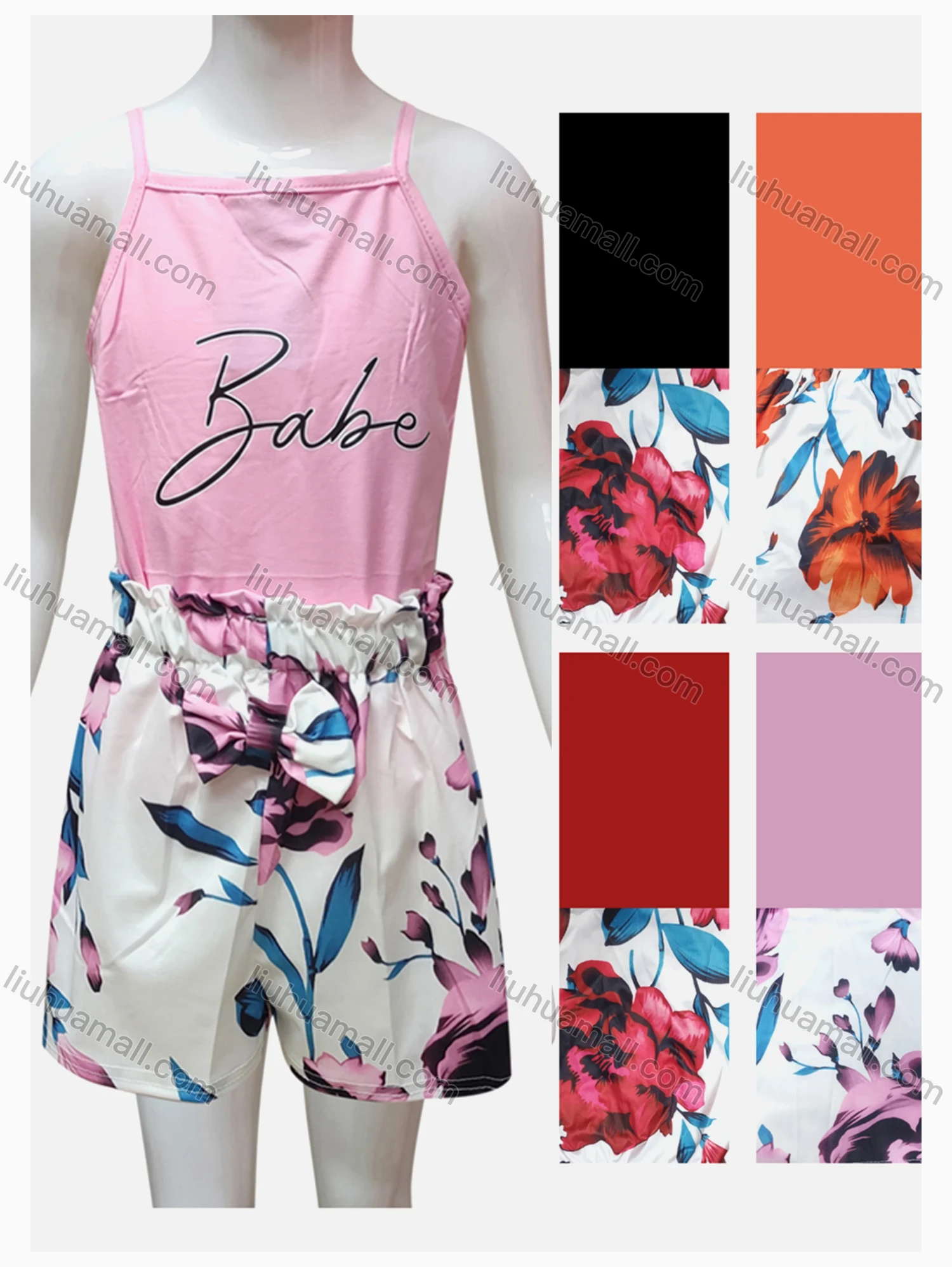 Wholesale Girls Casual Letter Print Square Neck Cami Top & Elastic Waist Floral Print Shorts Sets - Liuhuamall