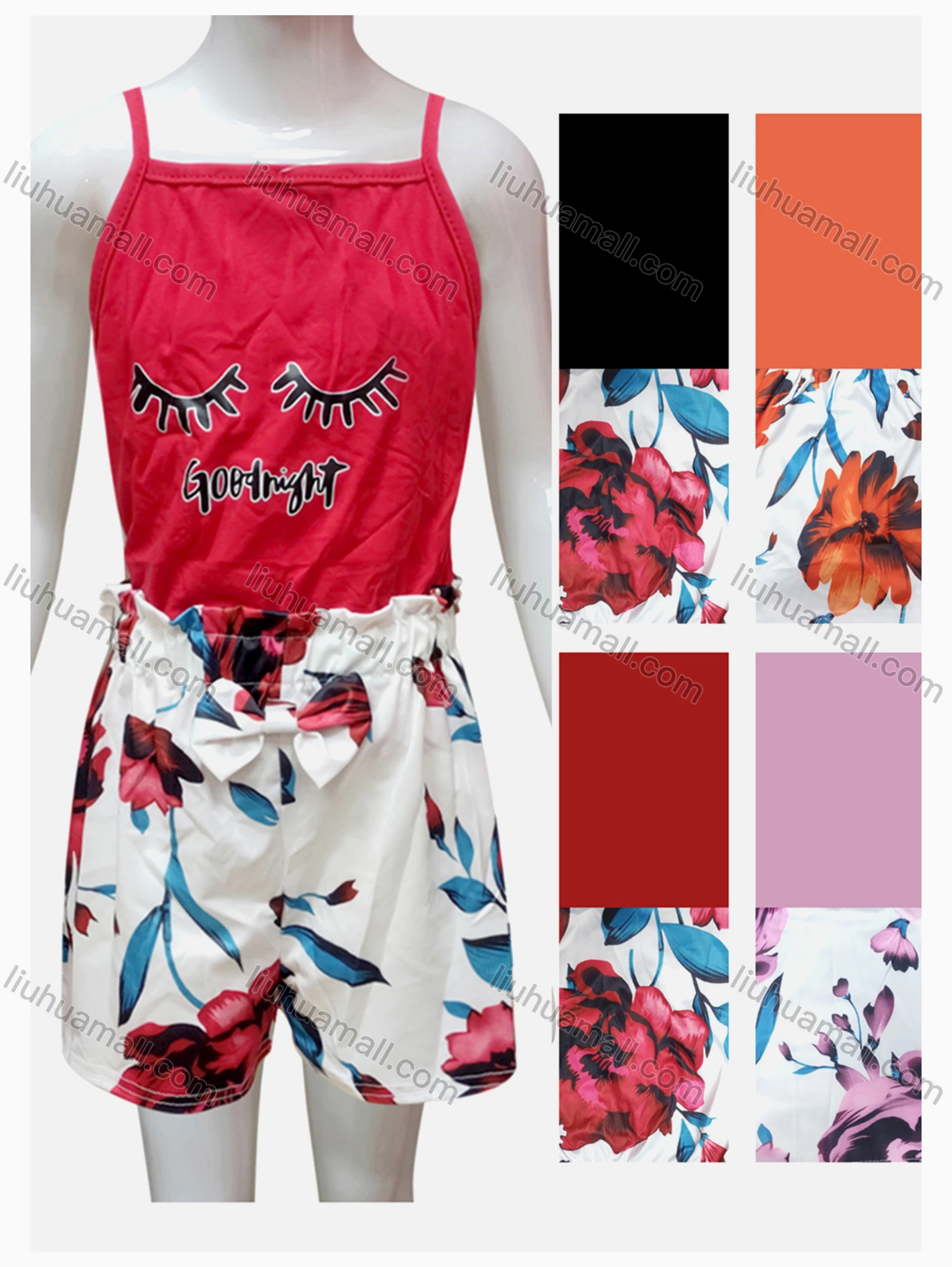 Wholesale Girls Casual Letter Print Square Neck Cami Top & Elastic Waist Floral Print Shorts Sets - Liuhuamall