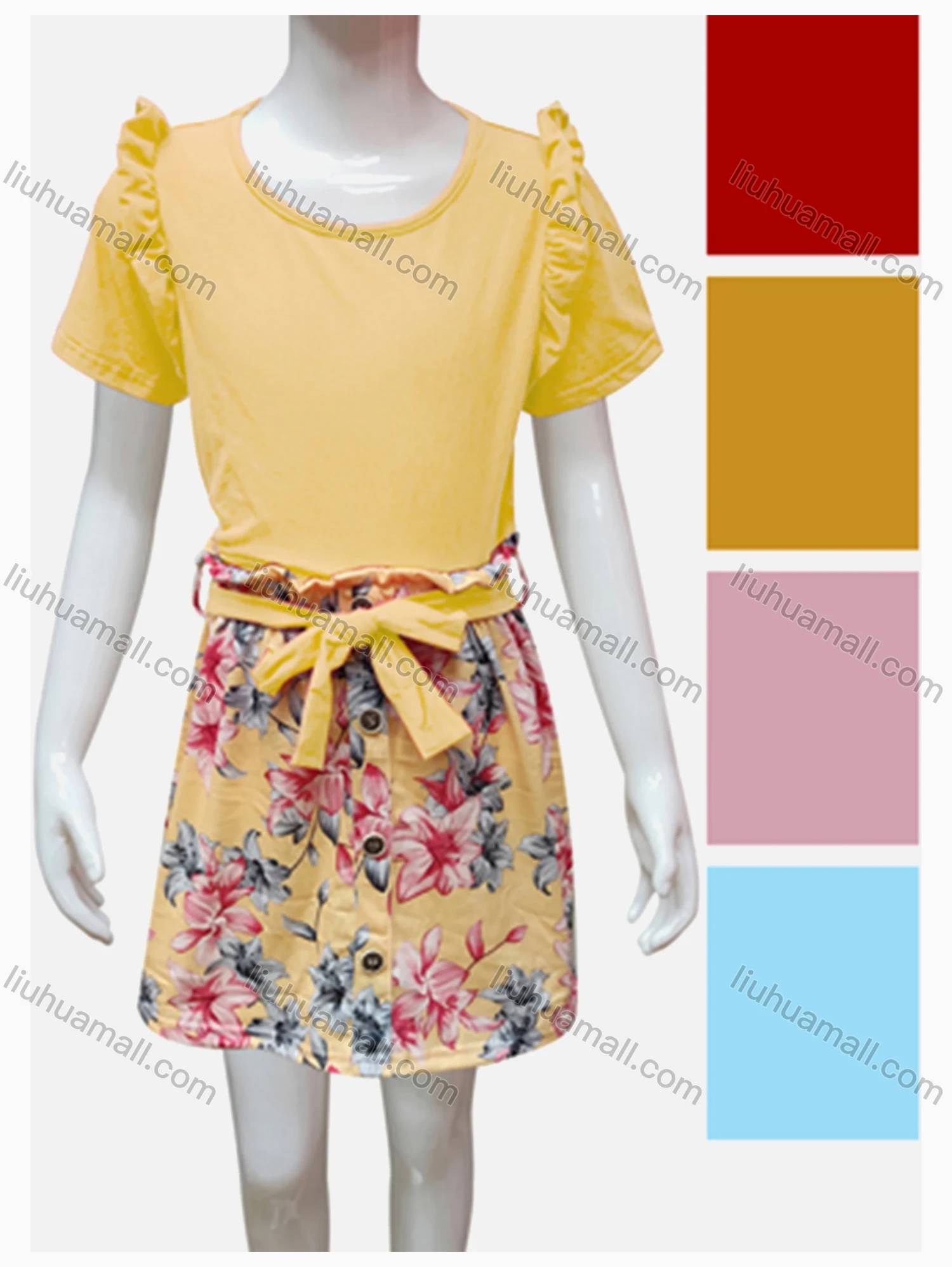 Wholesale Girls Casual Plain Ruffle Trim Round Neck Short Sleeve Top & Elastic Waist Floral Print Skirt Sets - Liuhuamall