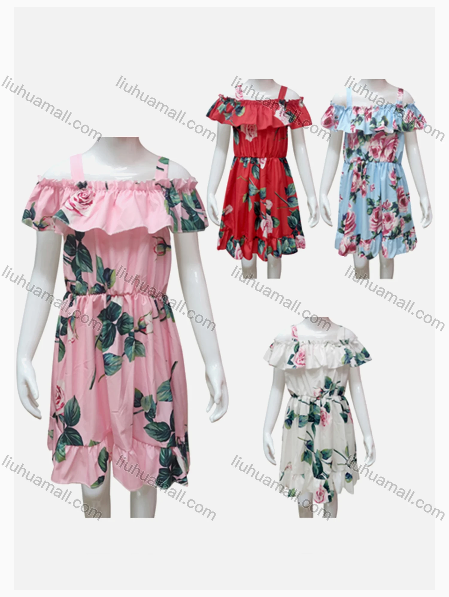 Wholesale Girls Causal Square Neck Cold Shoulder Ruffle Trim Floral Print Dress - Liuhuamall