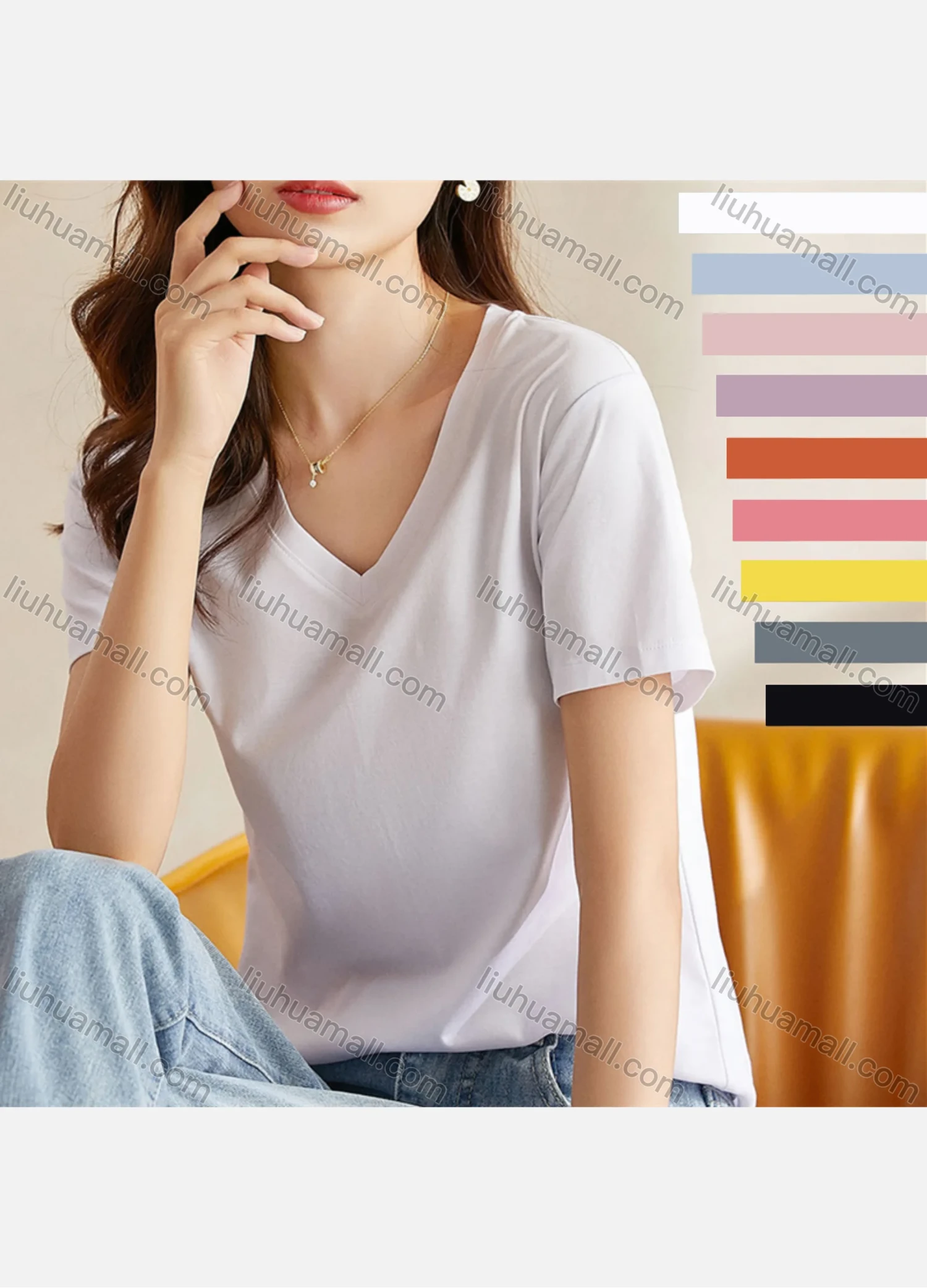 Wholesale Women's Casual V Neck Short Sleeve Plain T-shirts - Liuhuamall