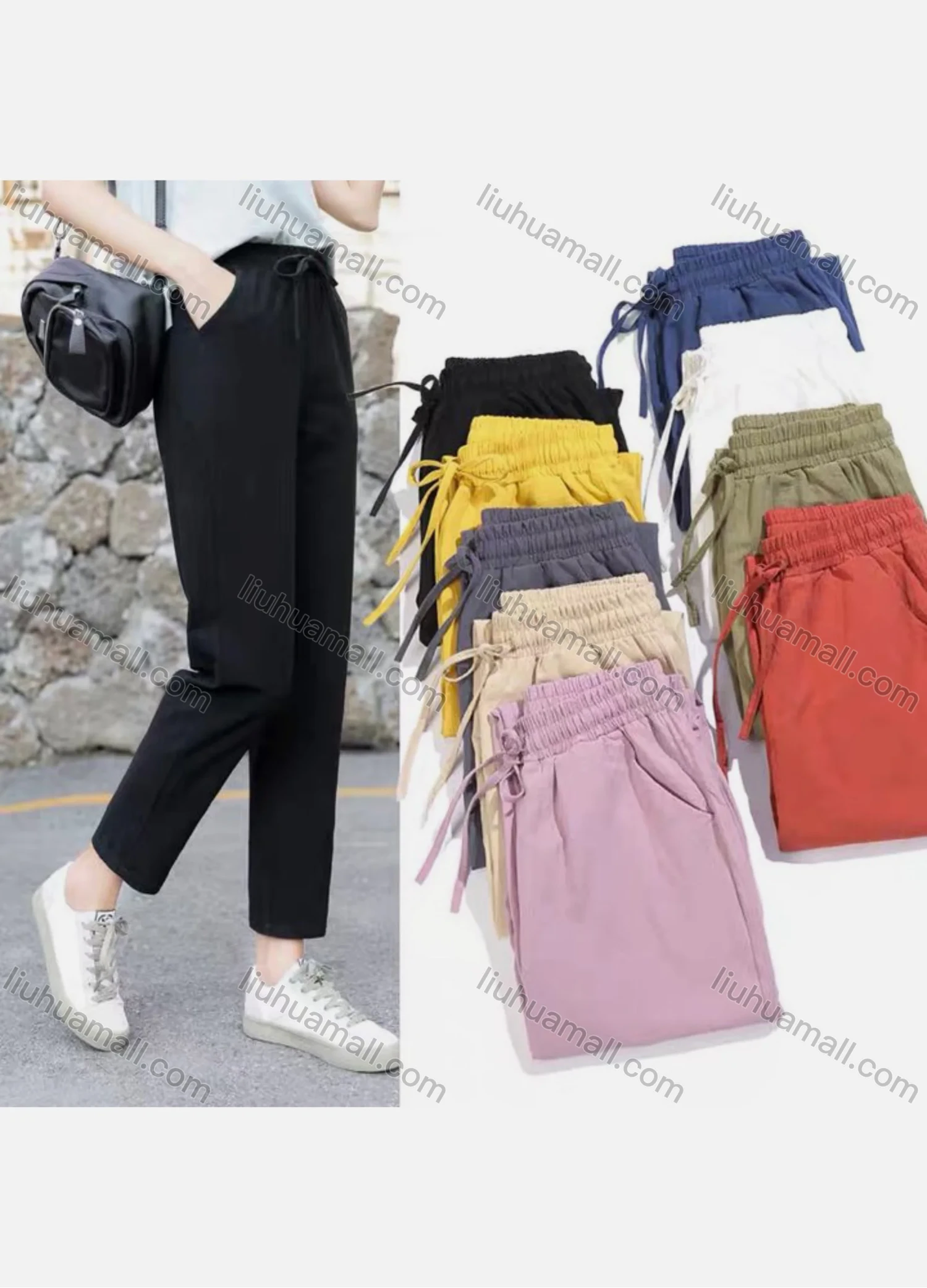 Wholesale Women's Casual Drawstring Plain Straight Leg Pants - Liuhuamall
