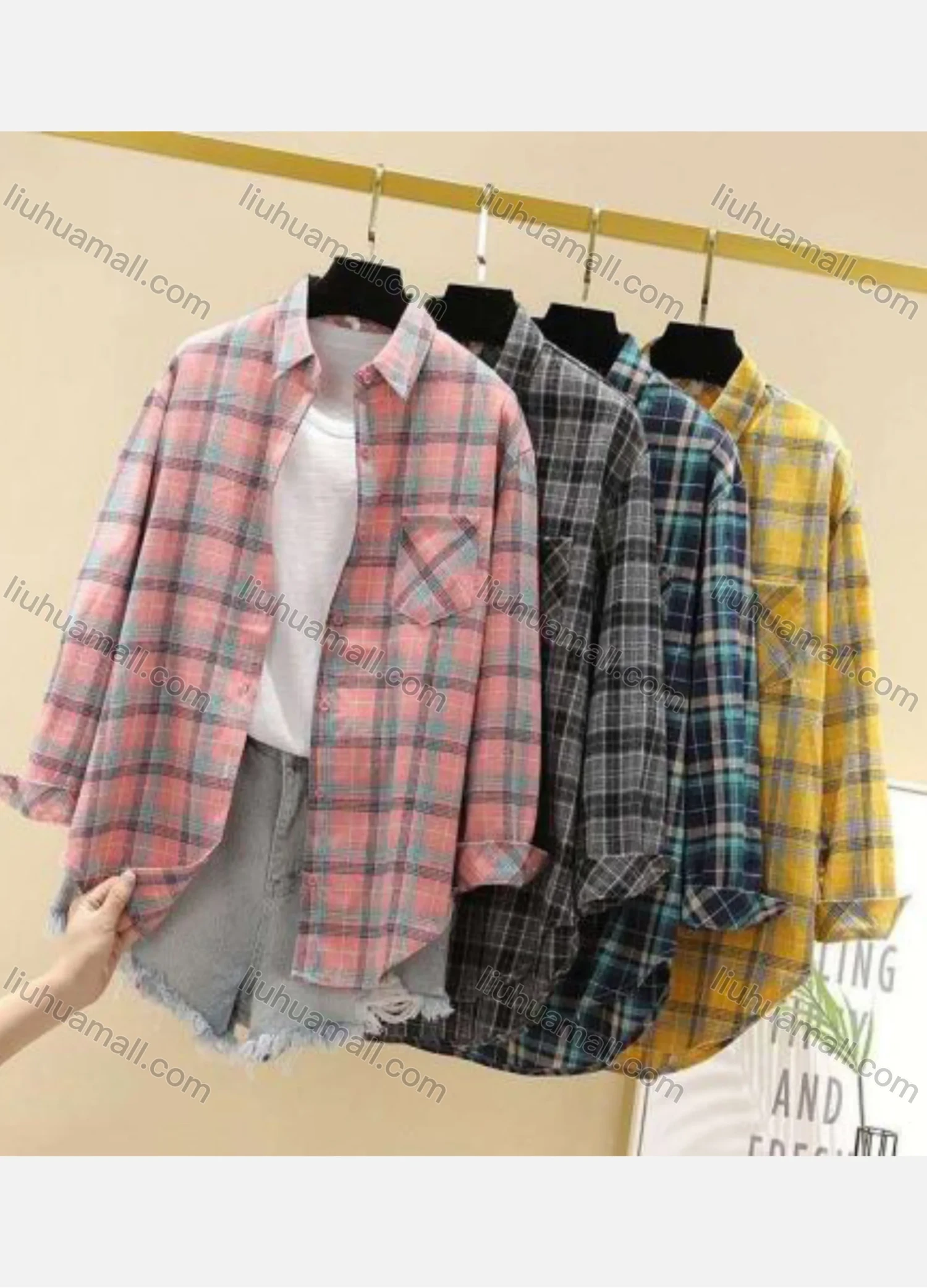 Wholesale Women's Casual Oversized Long Sleeve Collared Plaid Print Overshirts - Liuhuamall