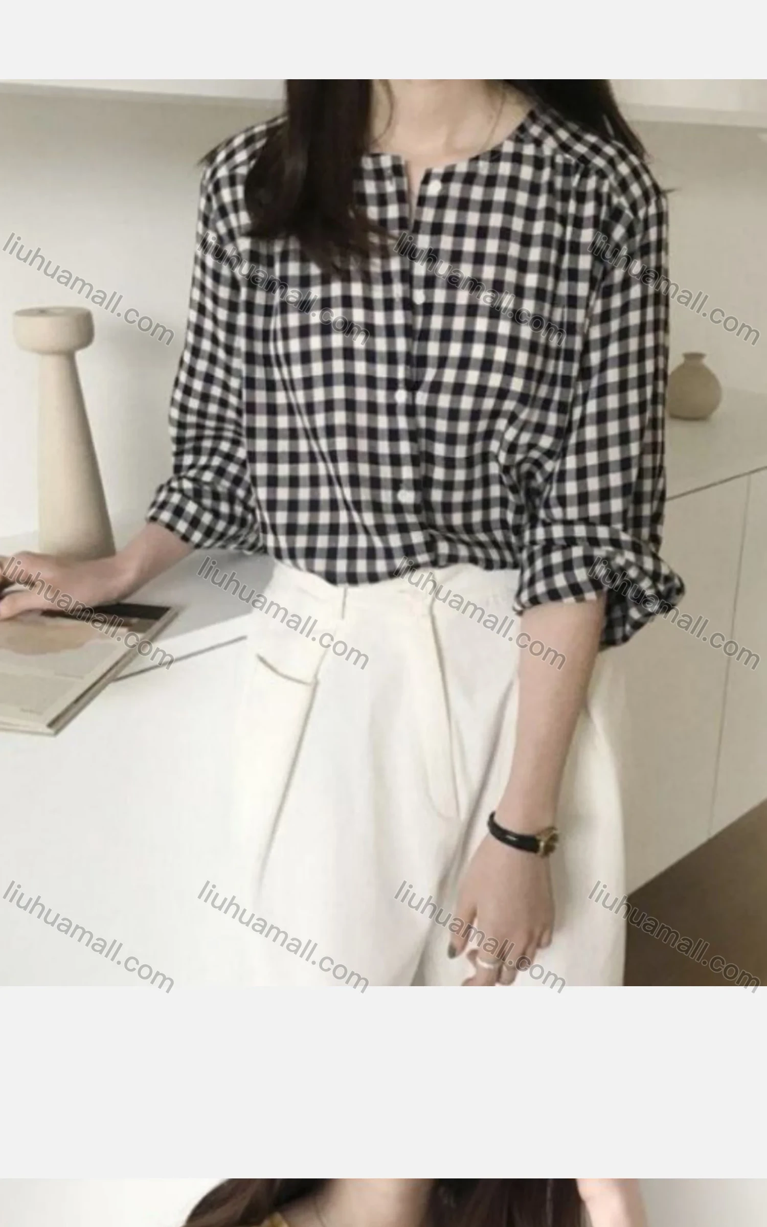 Wholesale Women's Casual Long Sleeve Crew Neck Button Down Plaid Print Tops - Liuhuamall