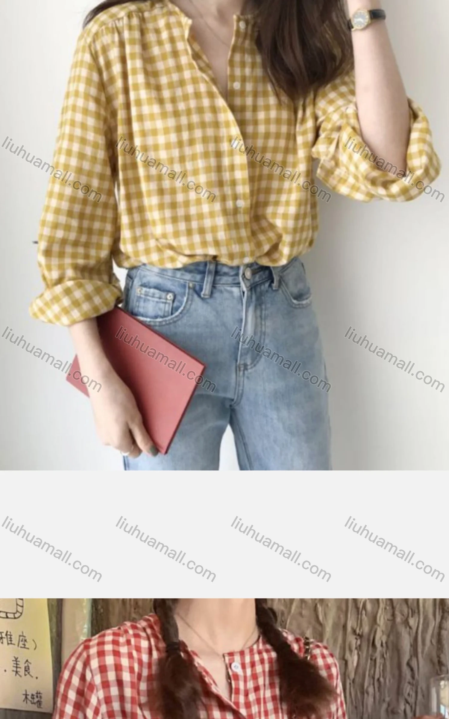 Wholesale Women's Casual Long Sleeve Crew Neck Button Down Plaid Print Tops - Liuhuamall