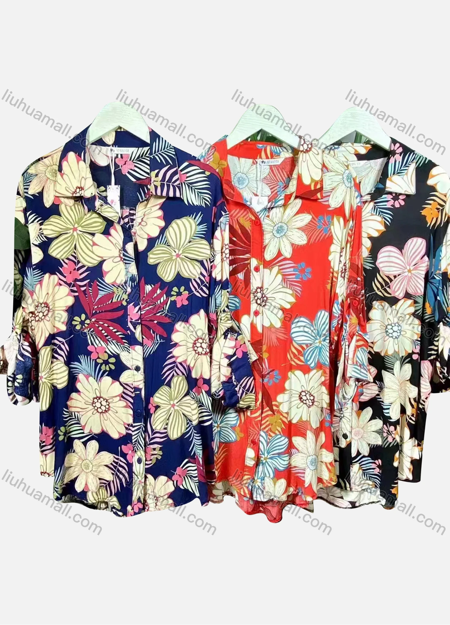 Wholesale Women's Casual Collared Long Sleeve Floral Print Shirt Dress - Liuhuamall