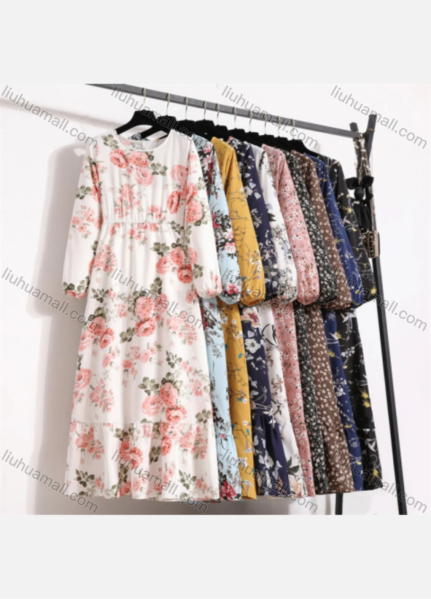 Wholesale Women's Casual Long Sleeve Crew Neck Elastic Waist Floral Print Maxi Dress - Liuhuamall