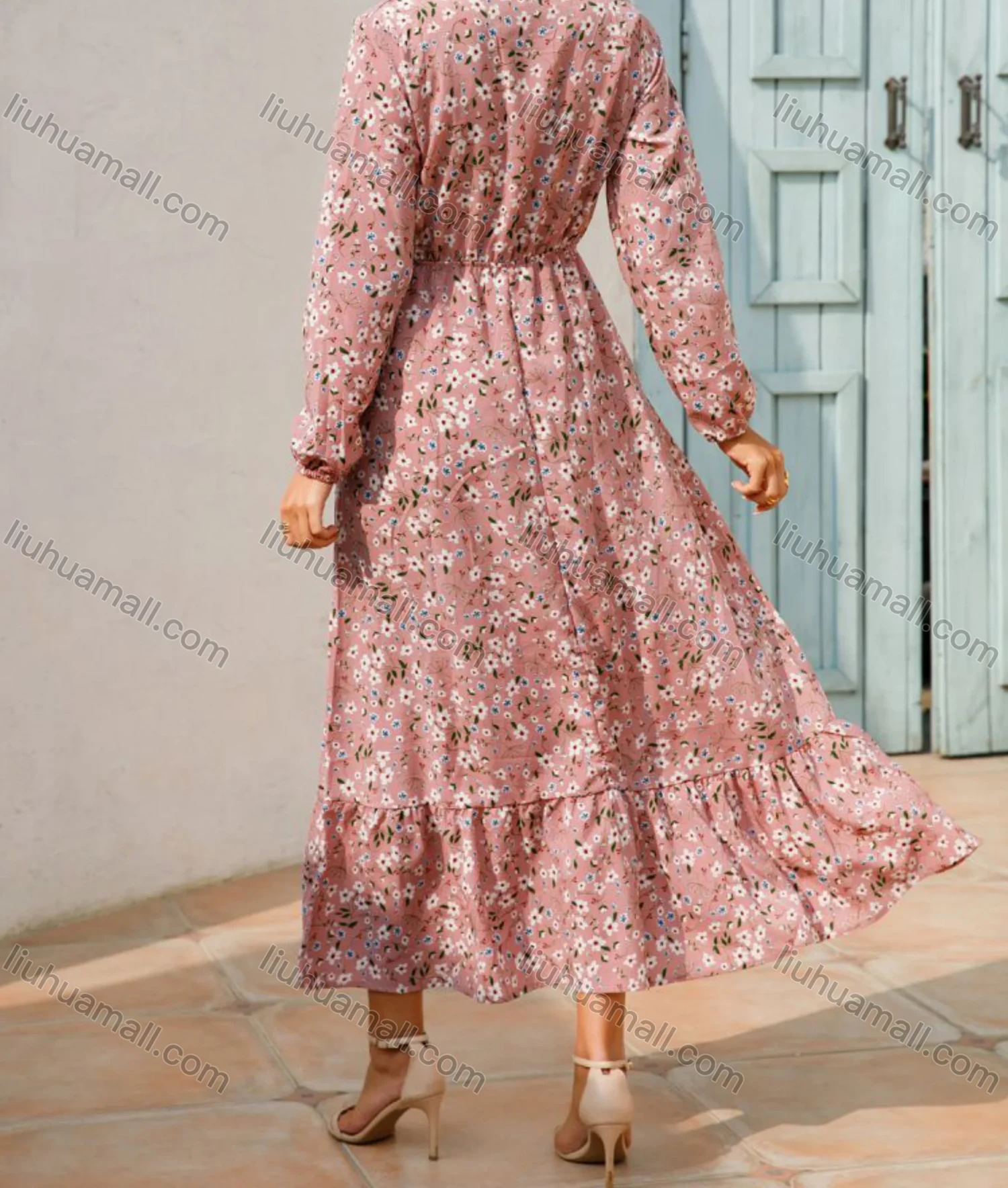 Wholesale Women's Casual Long Sleeve Crew Neck Elastic Waist Floral Print Maxi Dress - Liuhuamall
