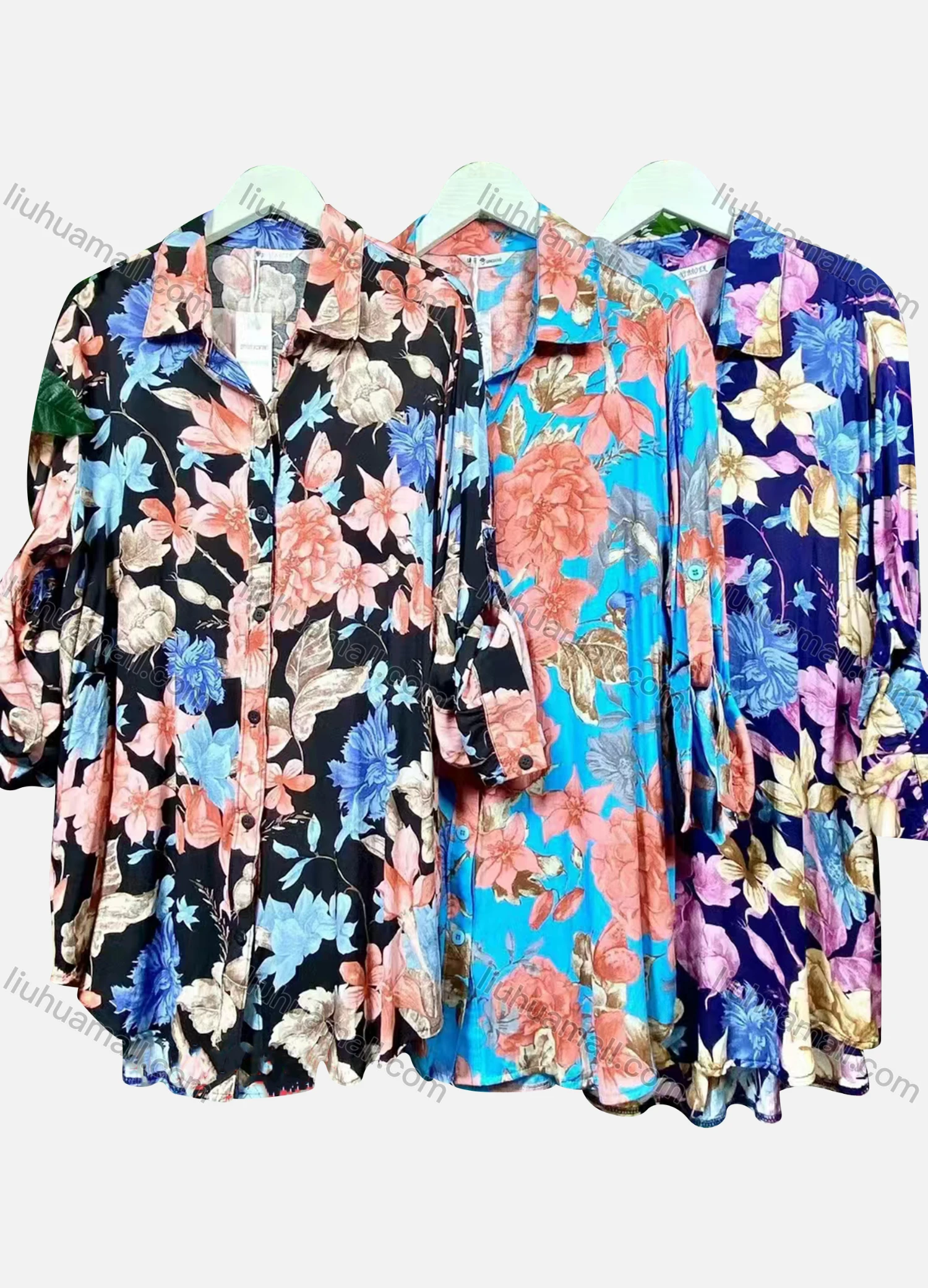 Wholesale Women's Casual Collared Long Sleeve Floral Print Shirt Dress - Liuhuamall