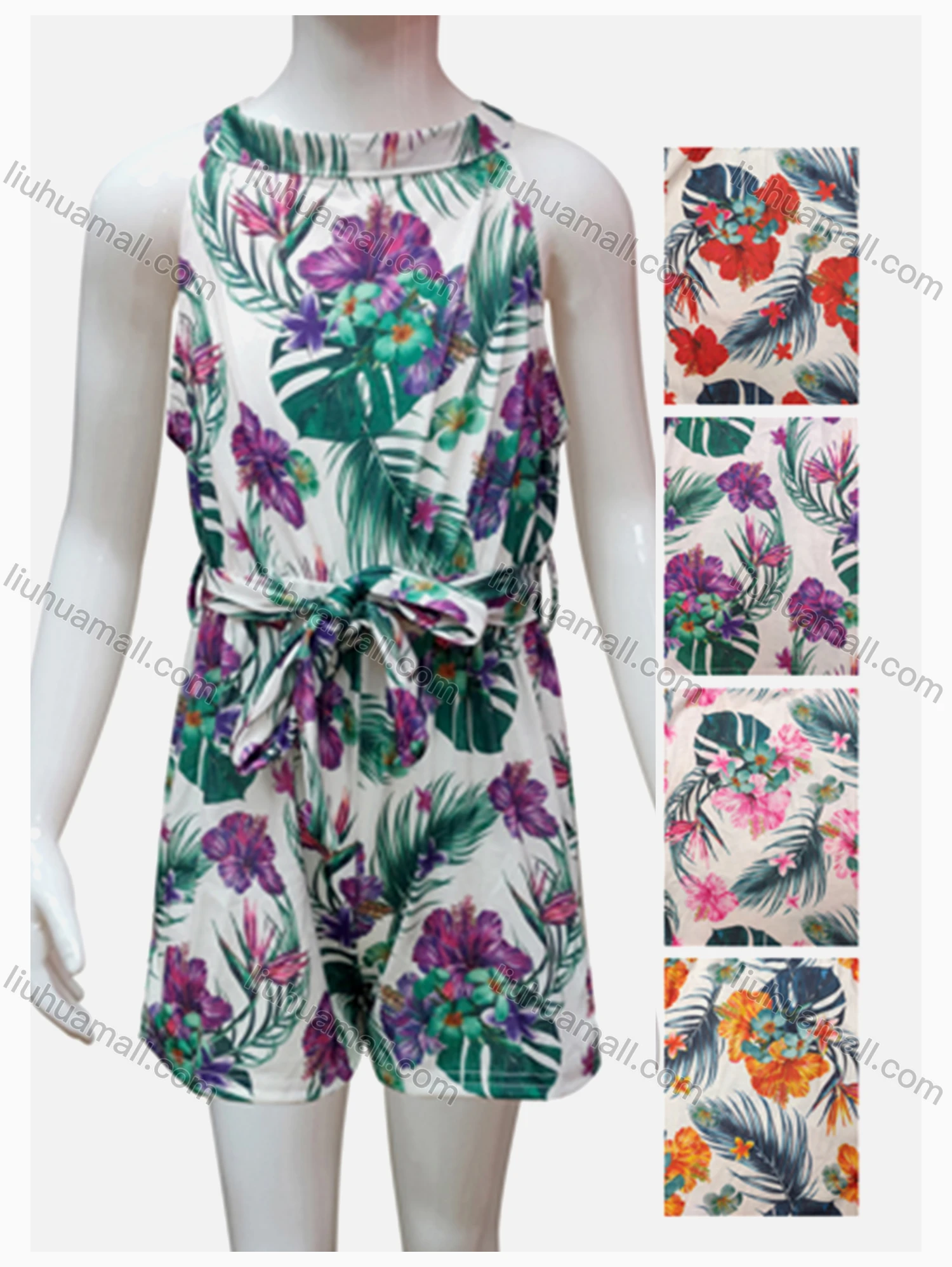 Wholesale Girls Causal Floral Print Round Neck Sleeveless Romper With Belt - Liuhuamall