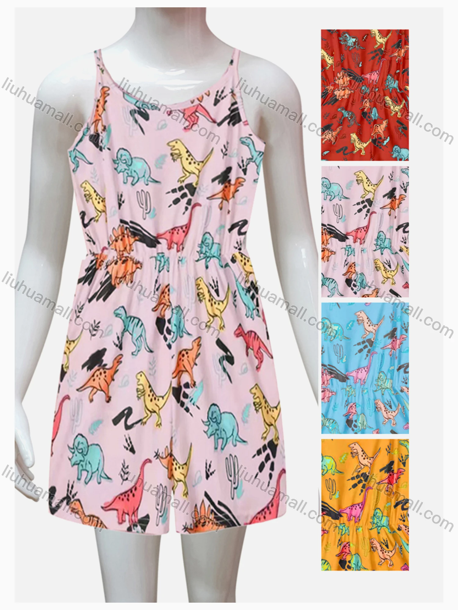 Wholesale Girls Causal Cartoon Print Round Neck Sleeveless Romper With Belt - Liuhuamall