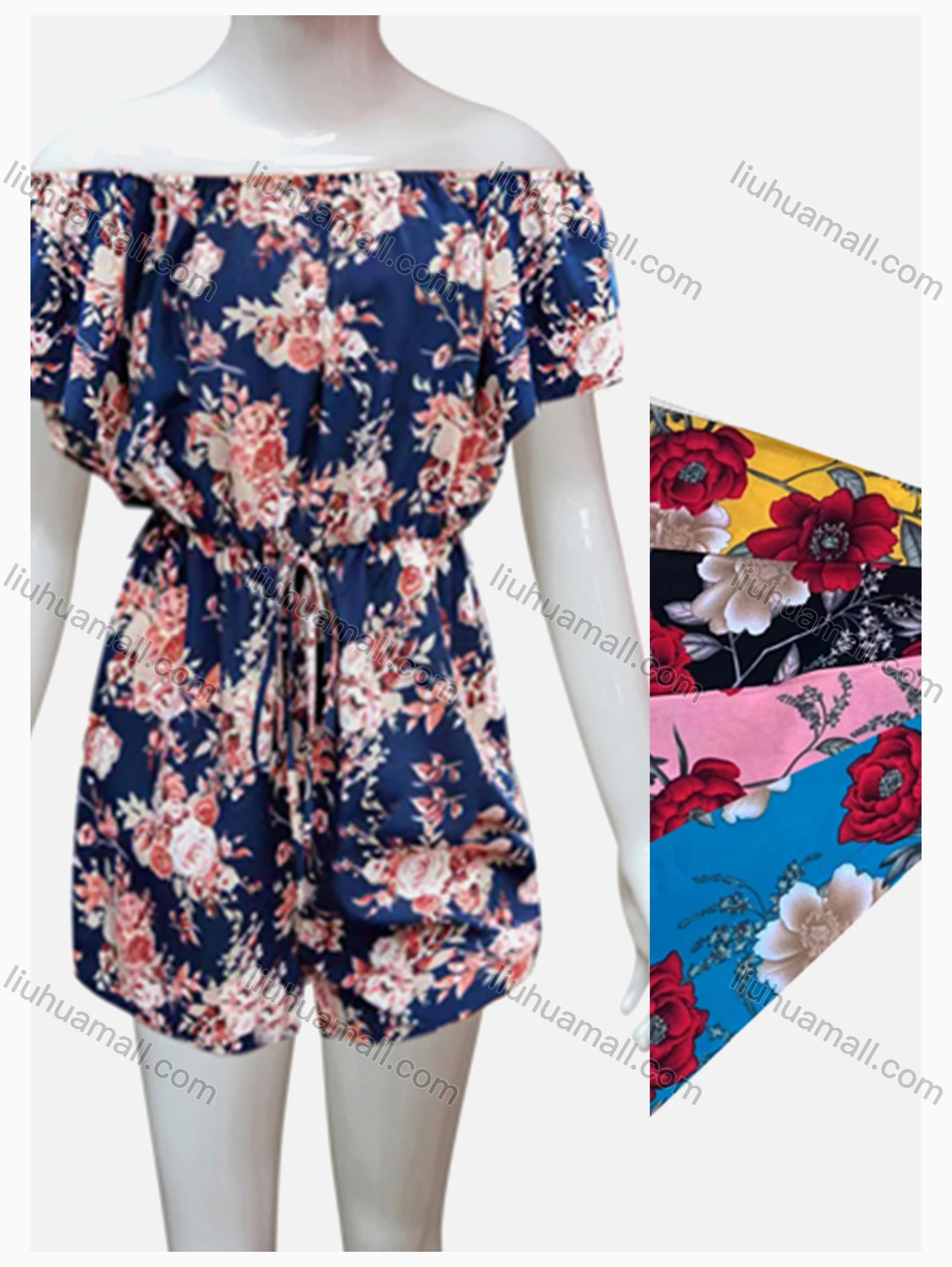 Wholesale Girls Causal Off Shoulder Short Sleeve Floral Print Drawstring Romper - Liuhuamall
