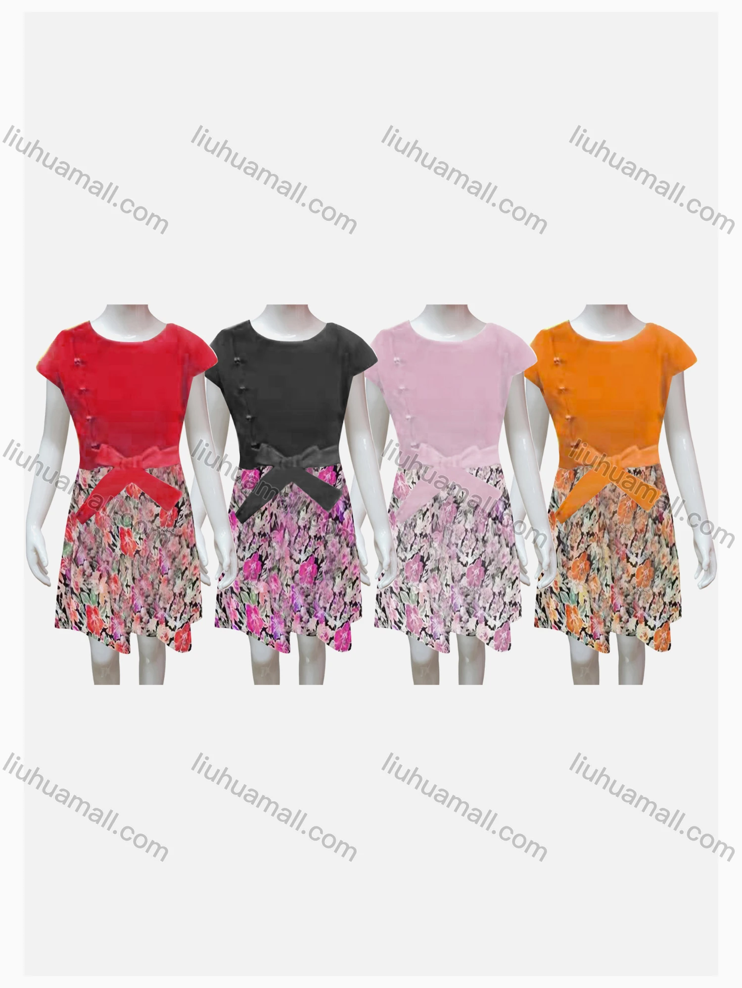 Wholesale Girls Causal Crew Neck Cap Sleeve Bow Knot Floral Print Dress - Liuhuamall