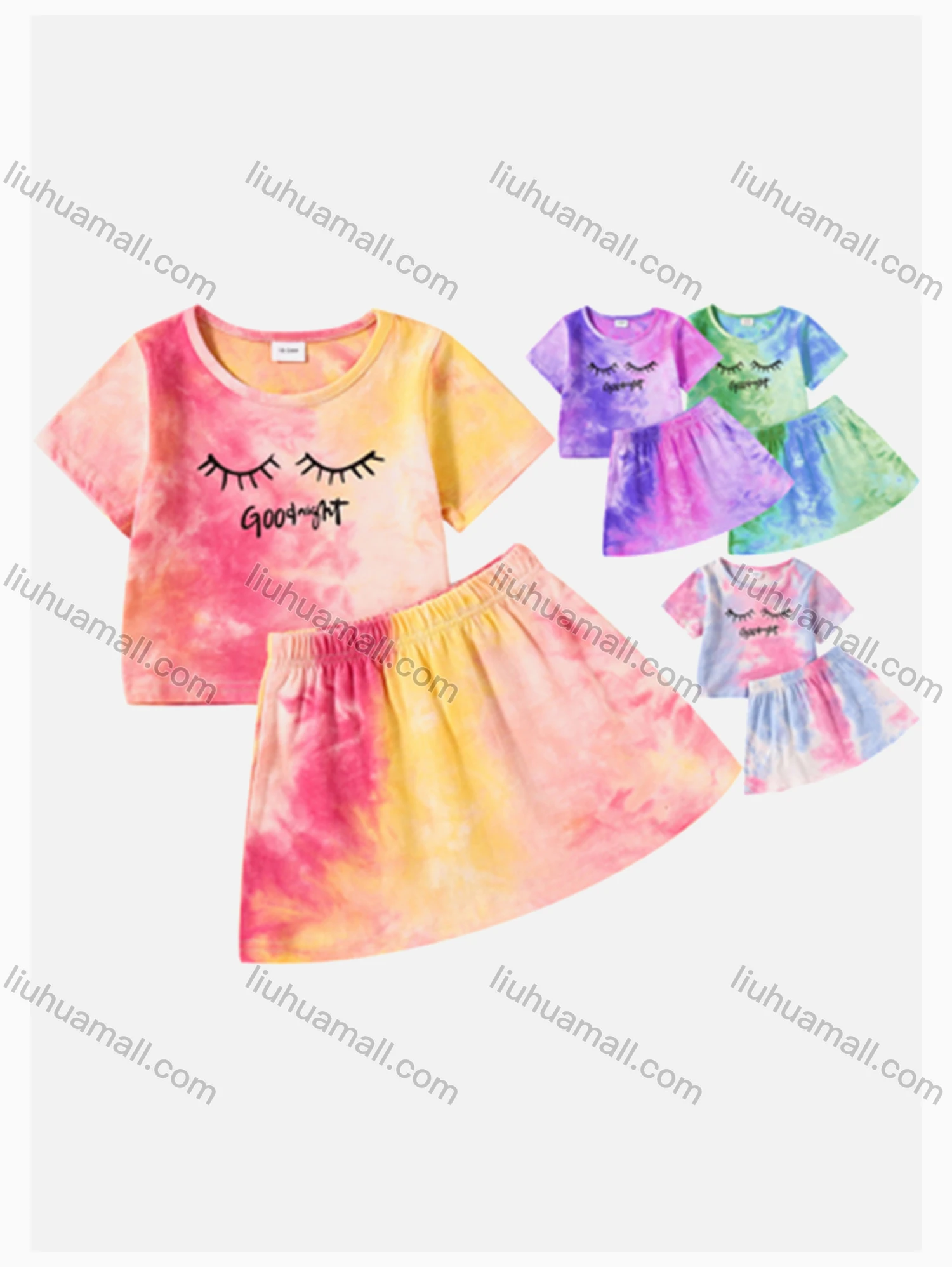 Wholesale Girls Tie Dye Letter Print Round Neck Short Sleeve Top & Elastic Waist Skirt Sets - Liuhuamall