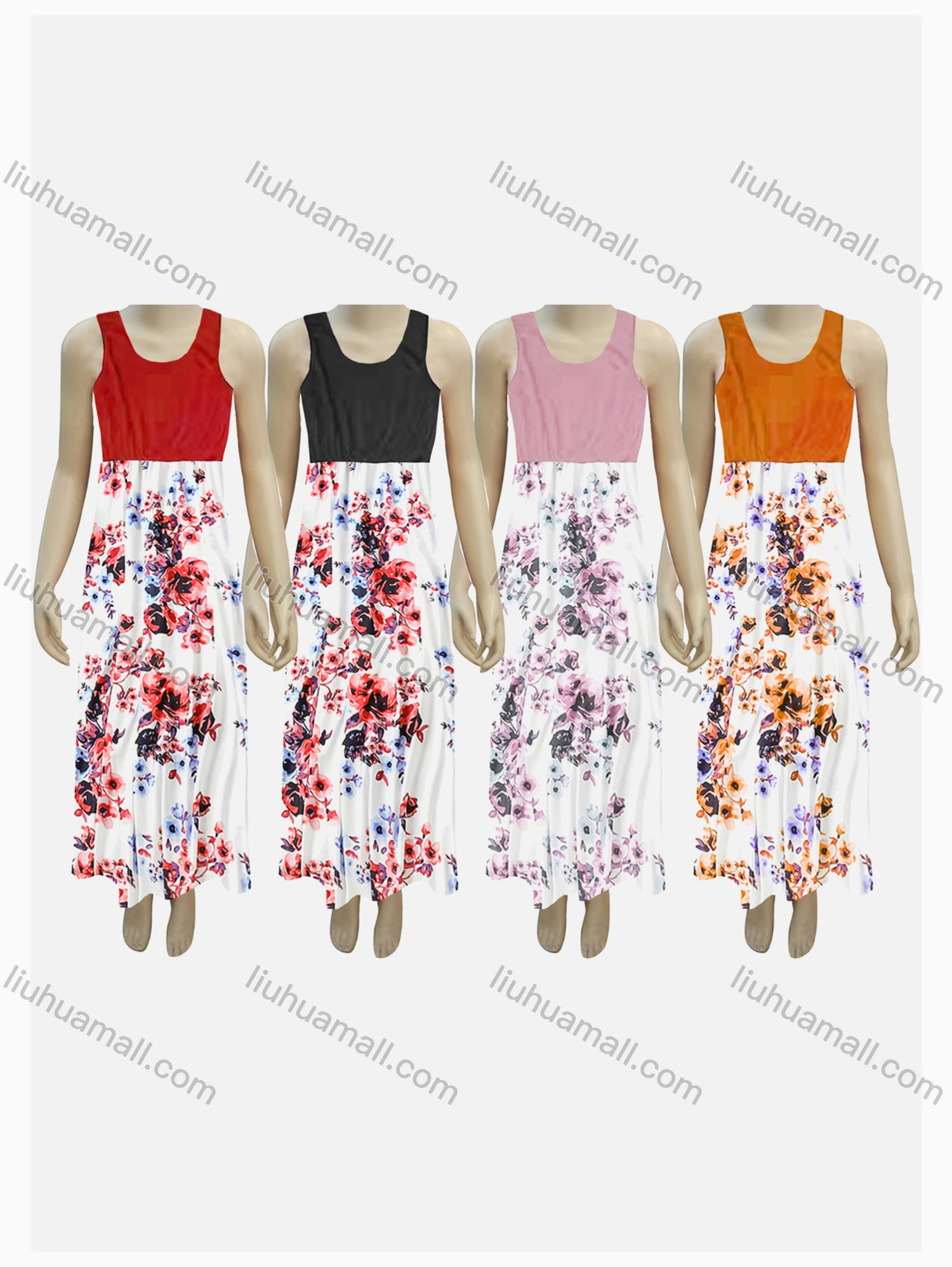 Wholesale Girls Causal Crew Neck Sleeveless Floral Print Tank Dress - Liuhuamall