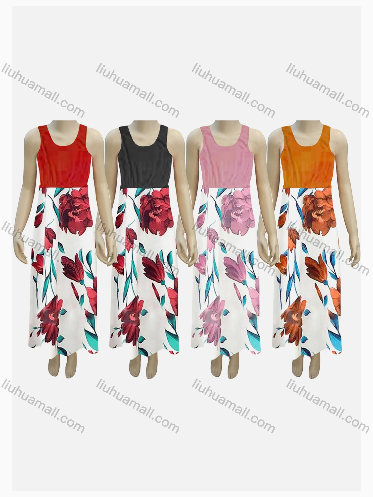 Wholesale Girls Causal Crew Neck Sleeveless Floral Print Tank Dress - Liuhuamall