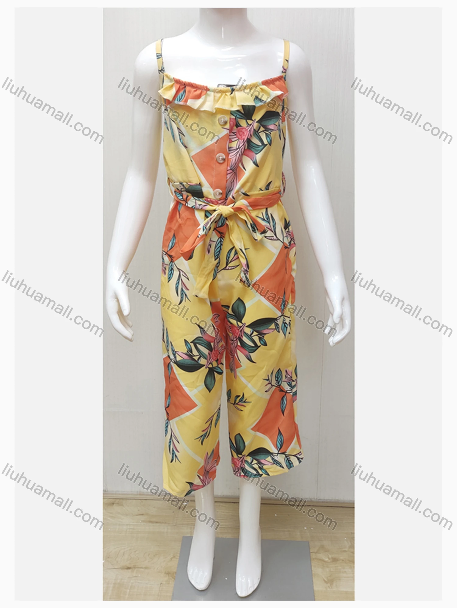 Wholesale Girls Casual Square Neck Sleeveless Ruffle Trim Button Decor Floral Print Jumpsuit With Belt - Liuhuamall