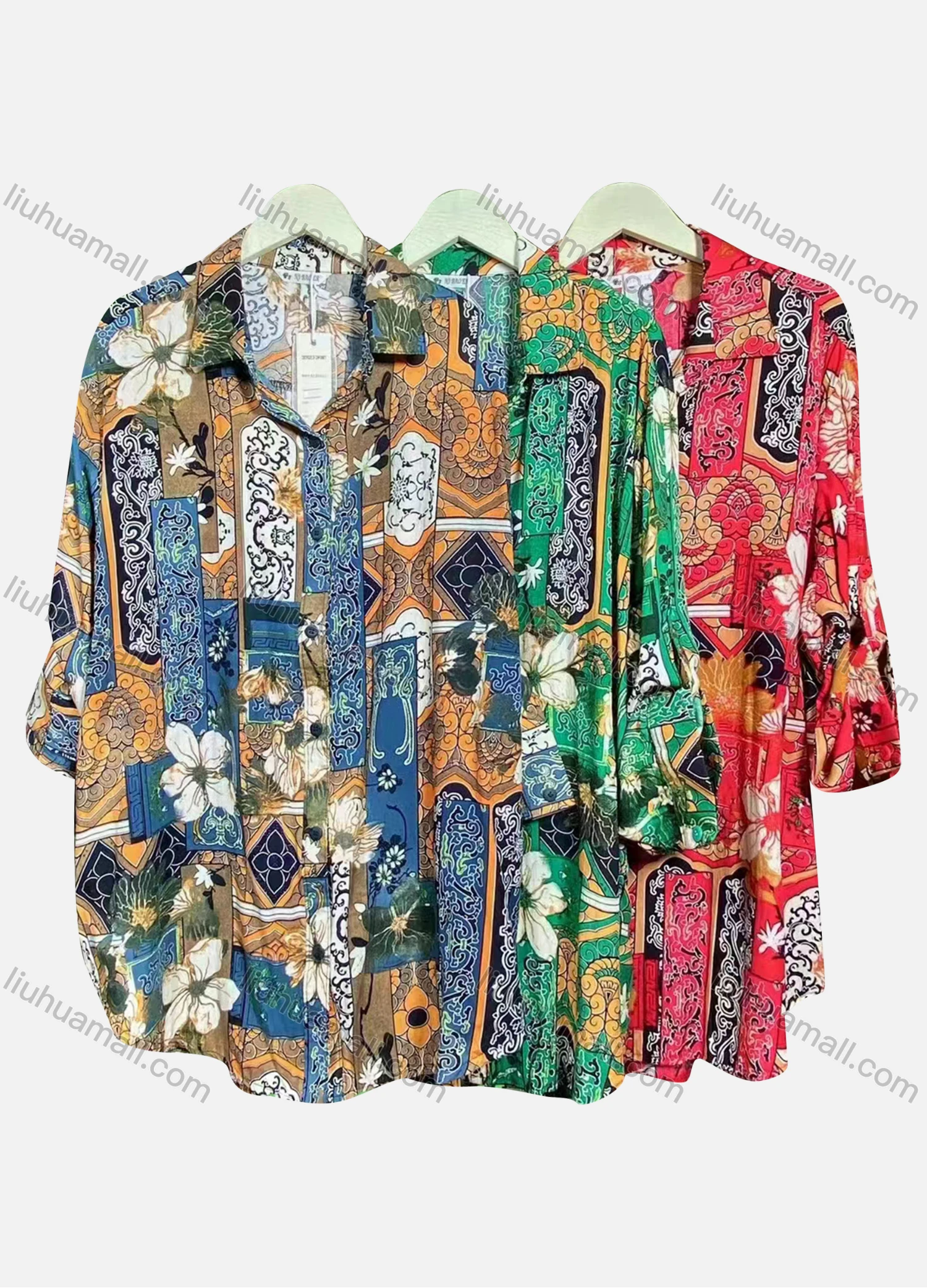 Wholesale Women's Casual Collared Long Sleeve Folkloric Floral Print Shirt Dress - Liuhuamall
