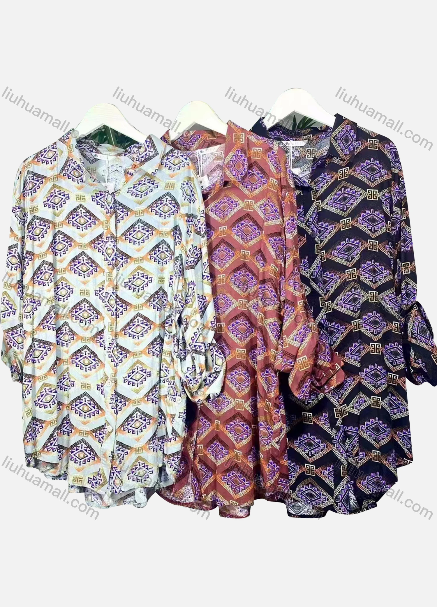 Wholesale Women's Casual Collared Long Sleeve Allover Print Shirt Dress - Liuhuamall