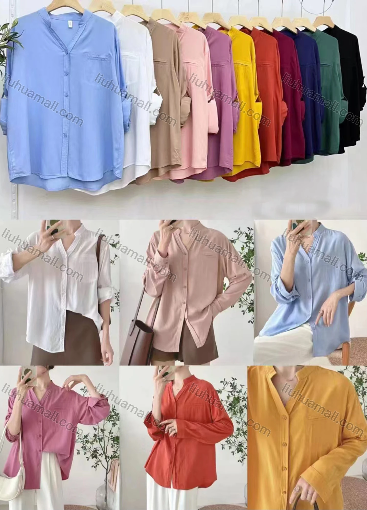 Wholesale Women's Casual Collared Long Sleeve Button Down Oversized Plain Shirt - Liuhuamall