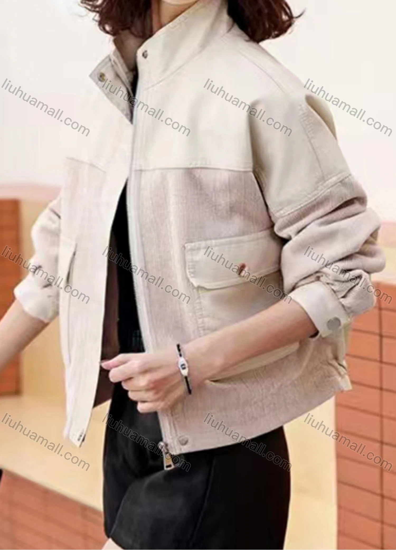 Wholesale Women's Casual Stand Collar Long Sleeve Stiching Color Leather Jacket - Liuhuamall