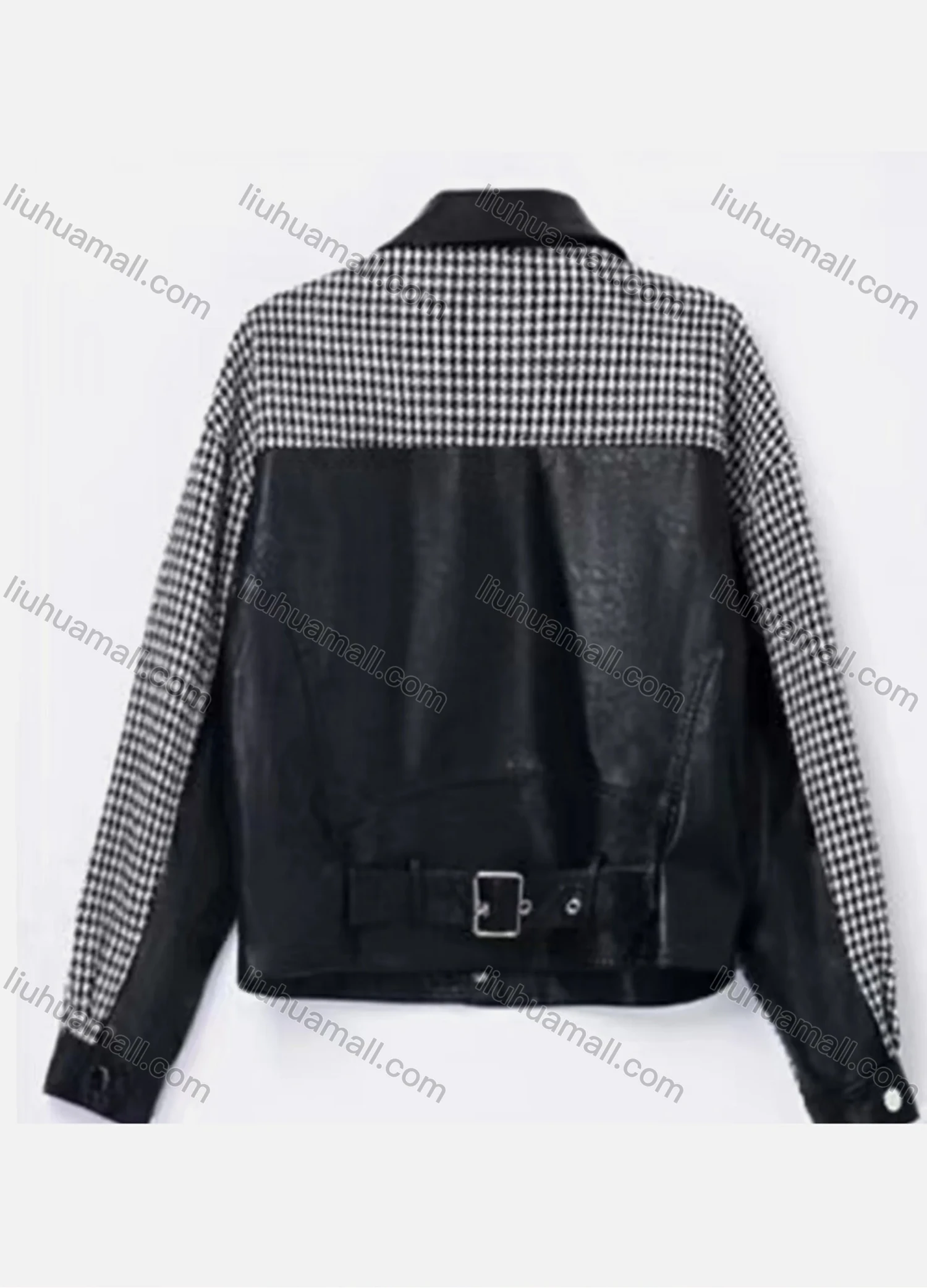 Wholesale Women's Casual Collared Long Sleeve Stiching Color Leather Jacket - Liuhuamall