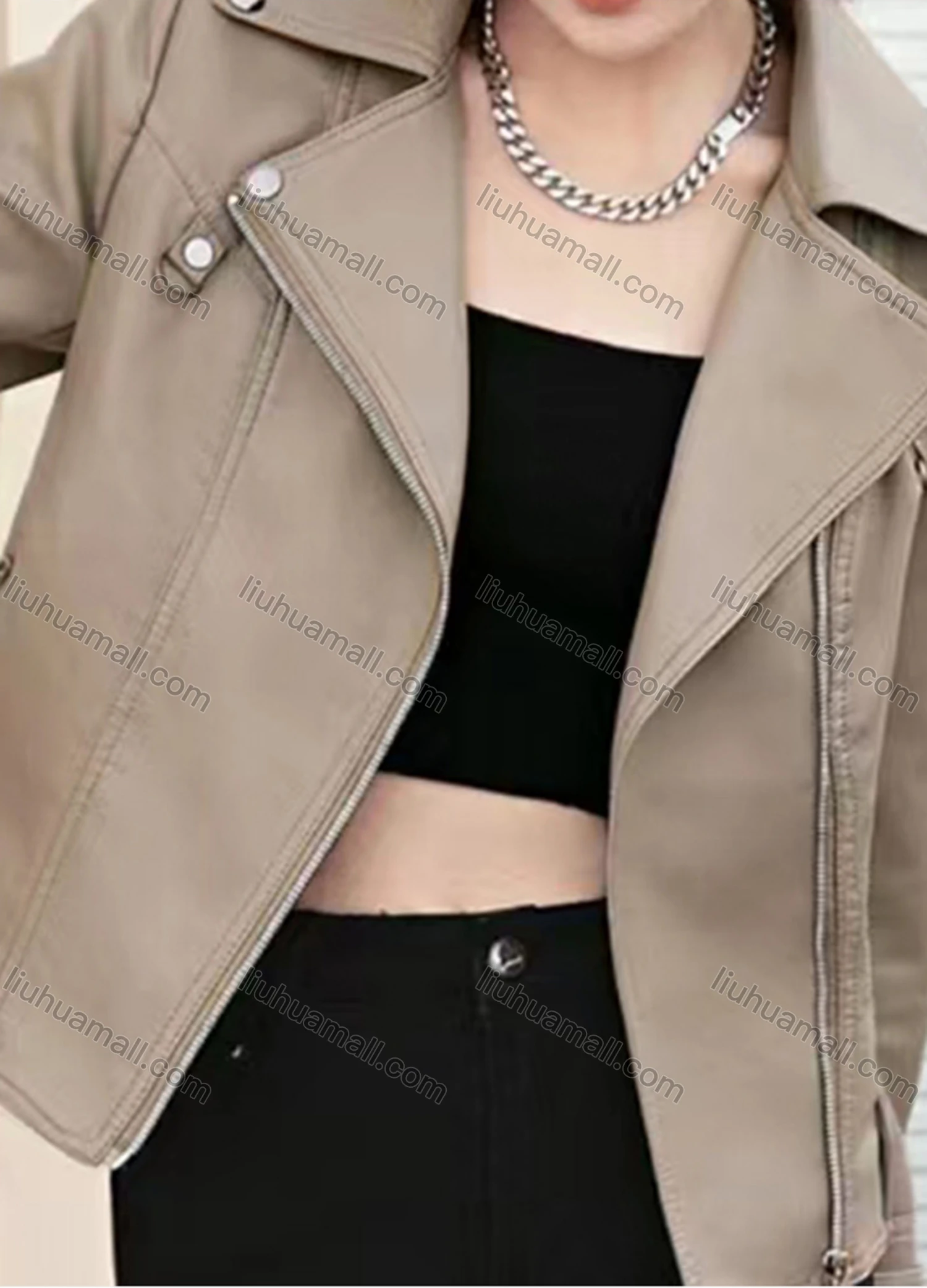 Wholesale Women's Casual Lapel Long Sleeve Plain Leather Jacket - Liuhuamall