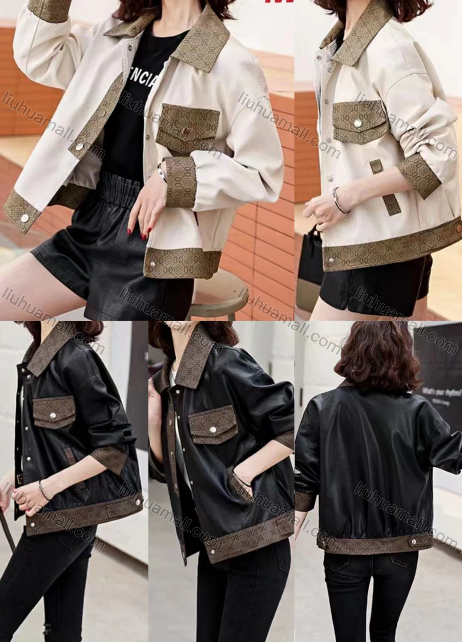 Wholesale Women's Casual Collared Long Sleeve Contrast Leather Jacket - Liuhuamall