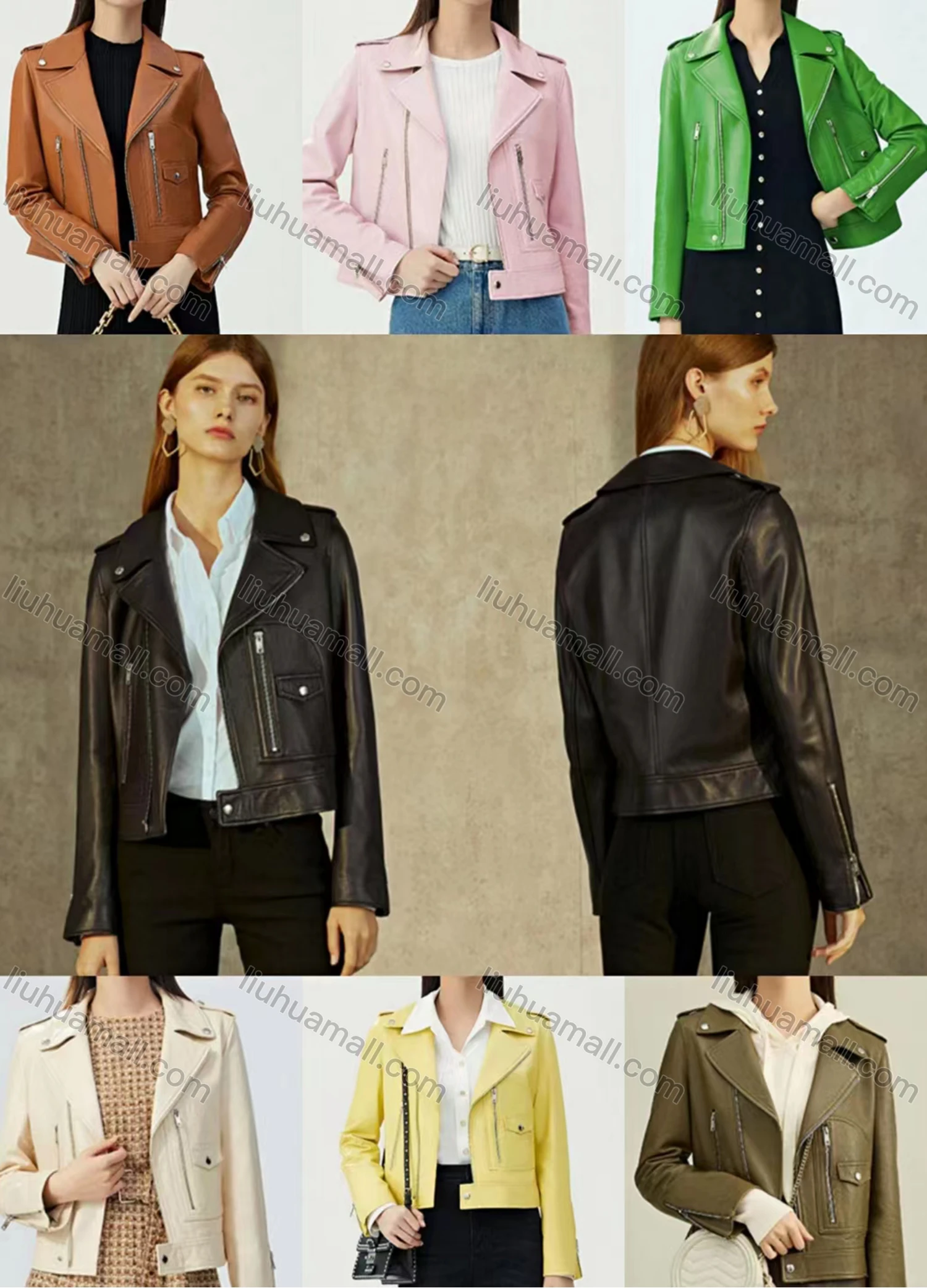 Wholesale Women's Casual Lapel Long Sleeve Zipper Pockets Leather Jacket - Liuhuamall