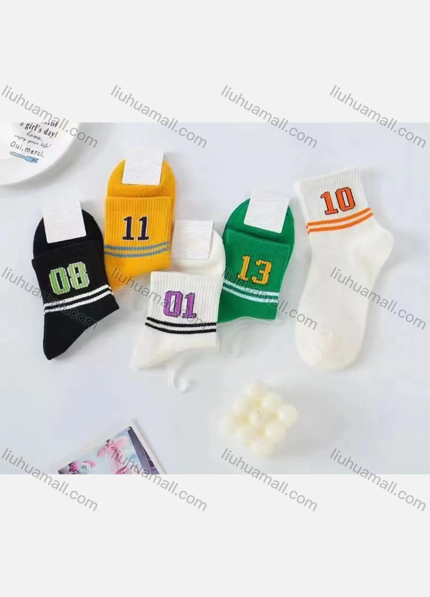 Wholesale Women's Casual Striped & Number Print Cushioned Stocking Medium Crew Socks(Pack Of 10) - Liuhuamall