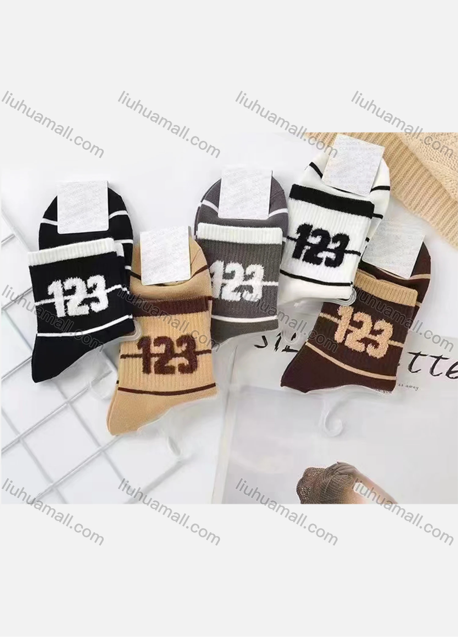 Wholesale Women's Casual Striped & Number Print Cushioned Stocking Medium Crew Socks(Pack Of 10) - Liuhuamall