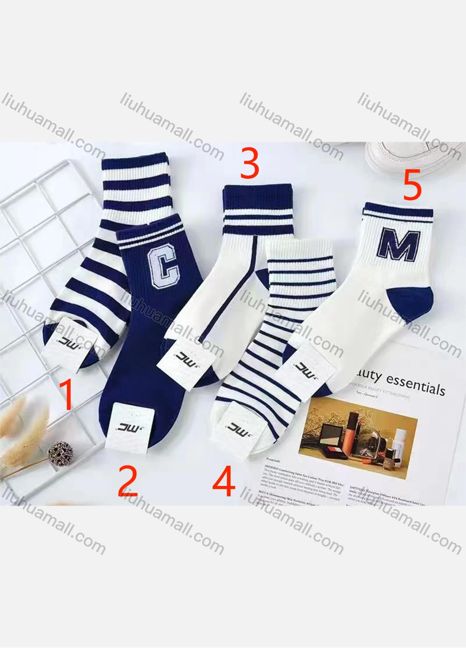 Wholesale Women's Casual Striped & Letter Print Cushioned Stocking Medium Crew Socks(Pack Of 10) - Liuhuamall
