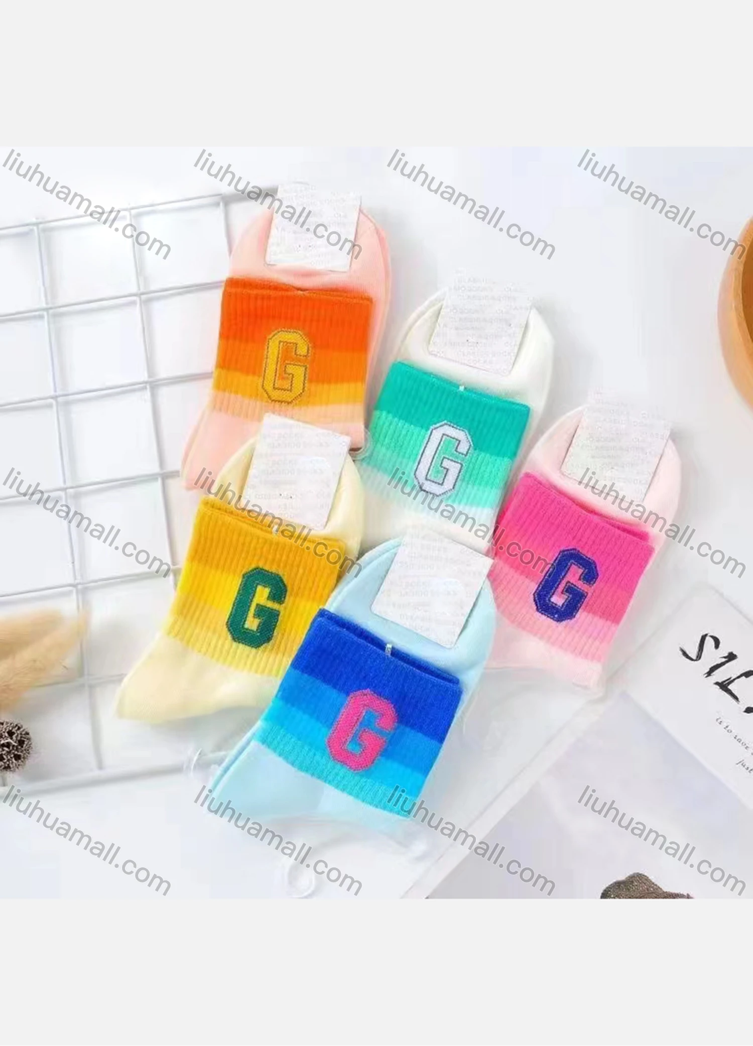 Wholesale Women's Casual Striped & Letter Print Cushioned Stocking Medium Crew Socks(Pack Of 10) - Liuhuamall