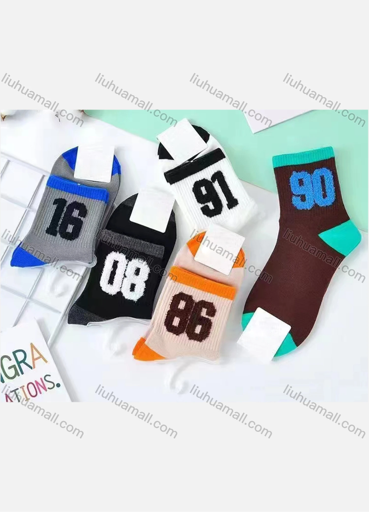 Wholesale Women's Casual Number Print Cushioned Stocking Medium Crew Socks(Pack Of 10) - Liuhuamall