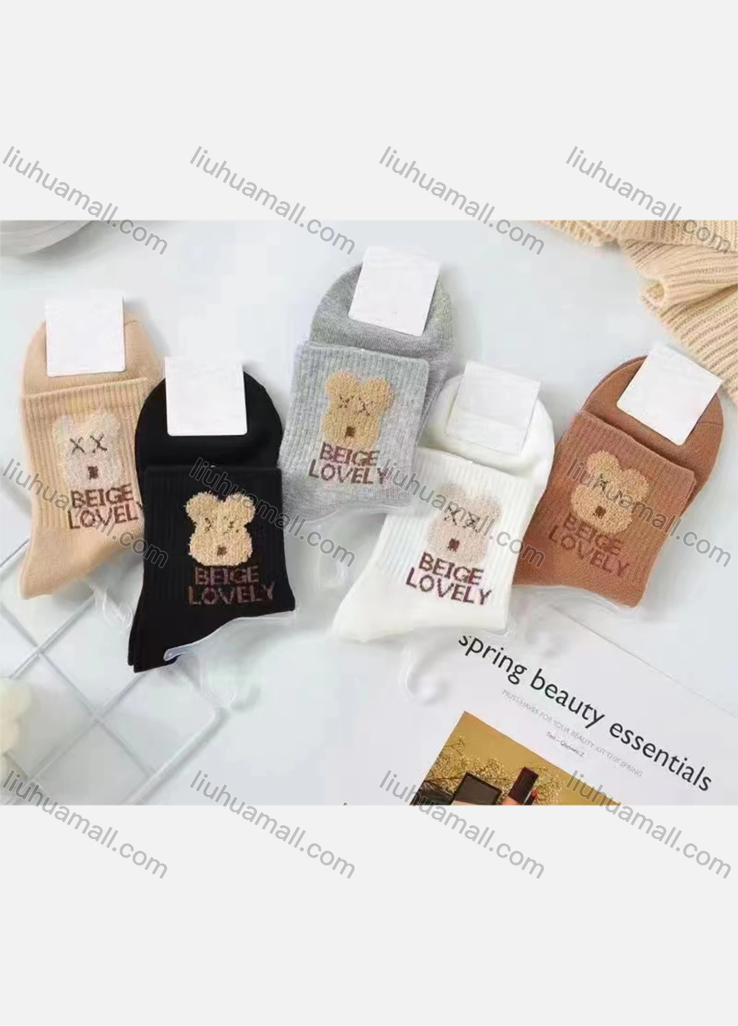 Wholesale Women's Casual Cartoon Bear Print Cushioned Stocking Medium Crew Socks(Pack Of 10) - Liuhuamall