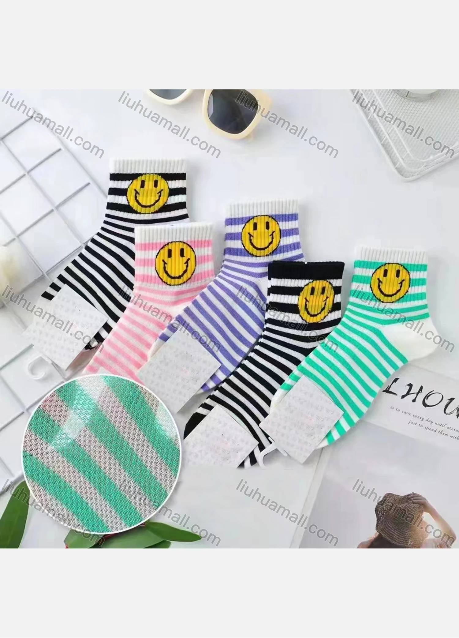Wholesale Women's Casual Cartoon & Striped Print Cushioned Stocking Medium Crew Socks(Pack Of 10) - Liuhuamall