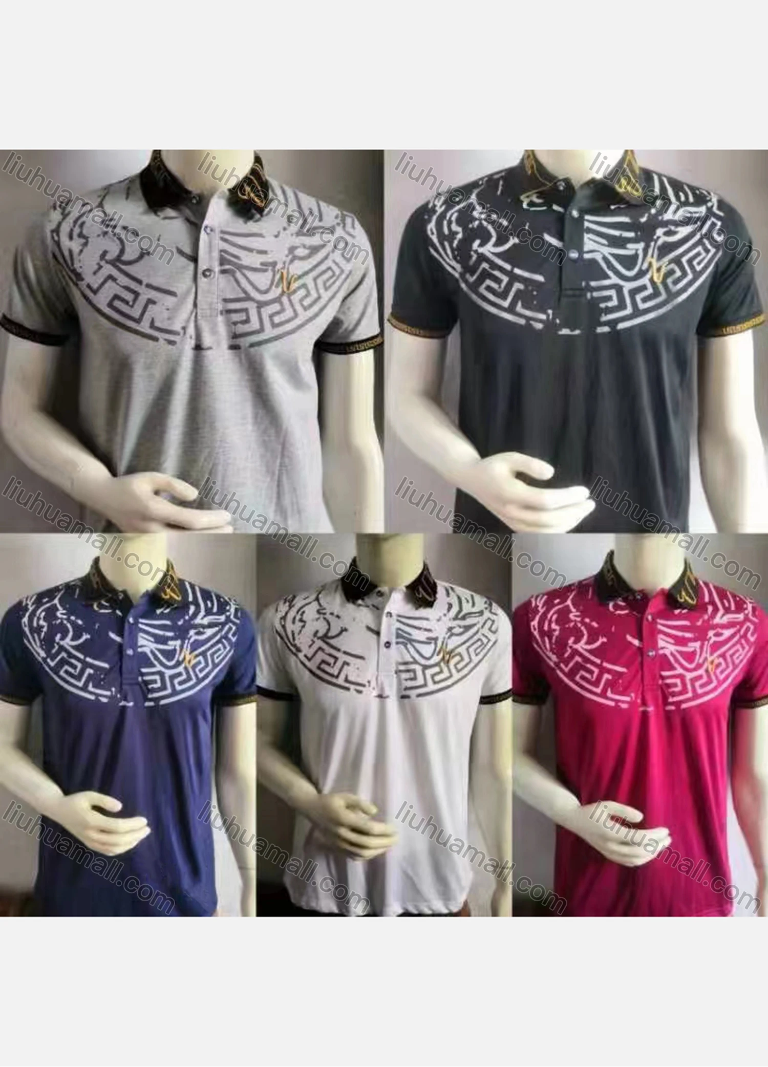 Wholesale Men's Casual Vintage Print Short Sleeve Polo Shirt - Liuhuamall