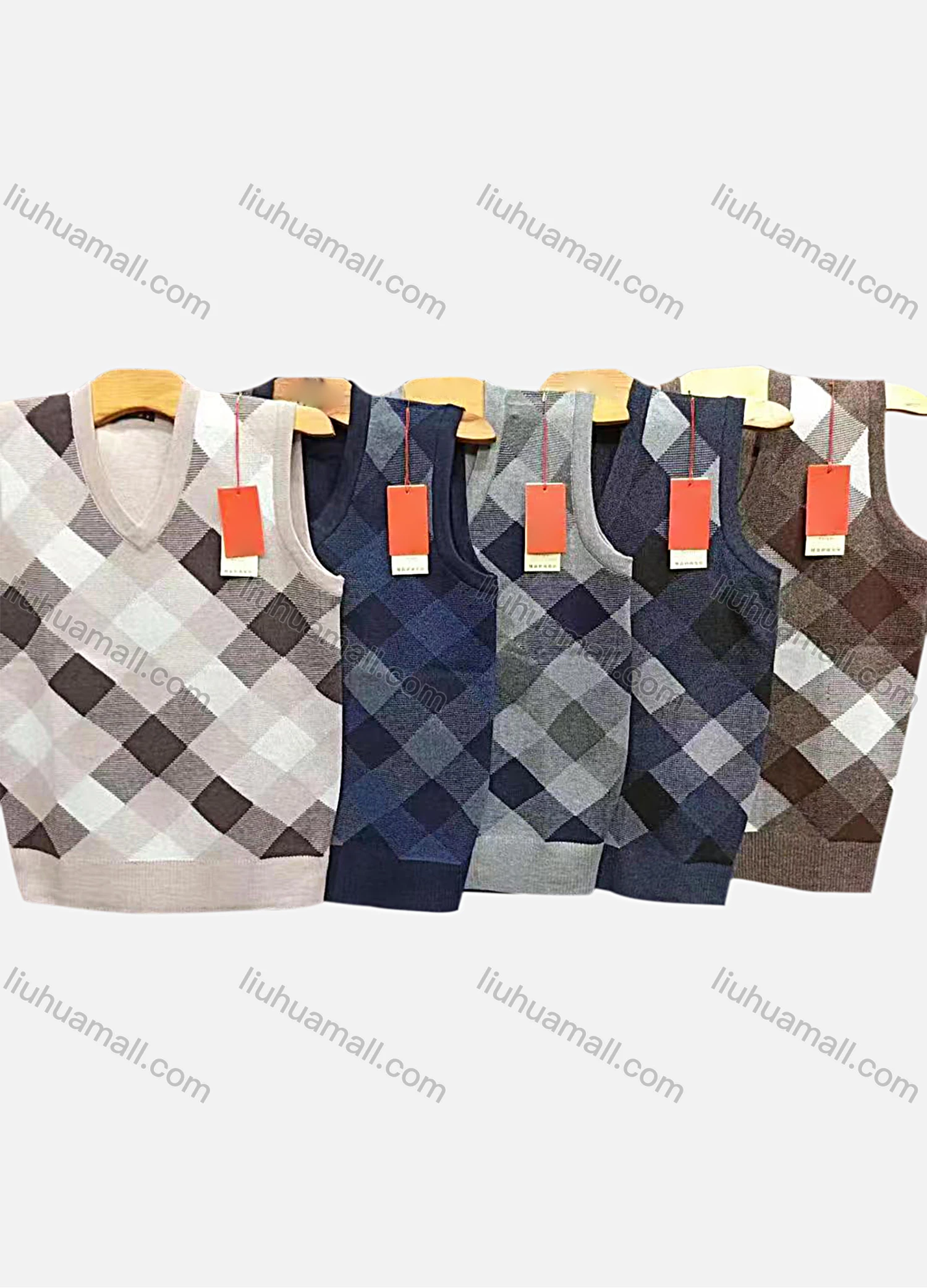 Wholesale Men's Casual Plaid Print V Neck Sweater Vest - Liuhuamall
