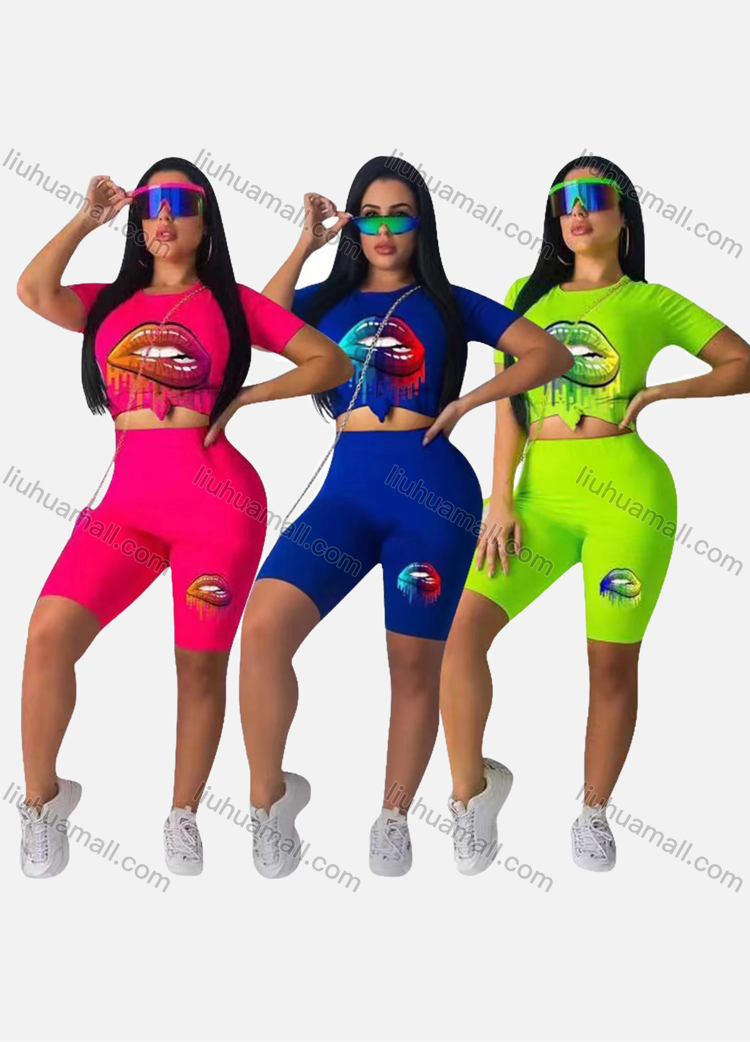 Wholesale Women's Sporty Graphic Print Crop Top & Short Yoga Leggings Set - Liuhuamall