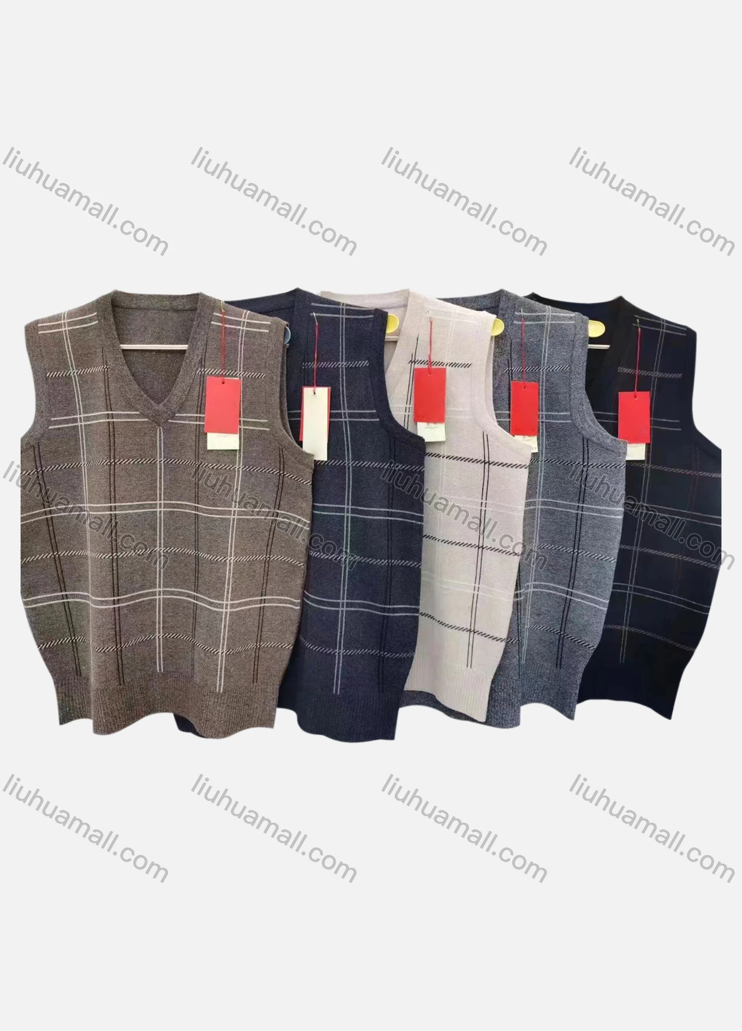 Wholesale Men's Casual Plaid Print V Neck Sweater Vest - Liuhuamall
