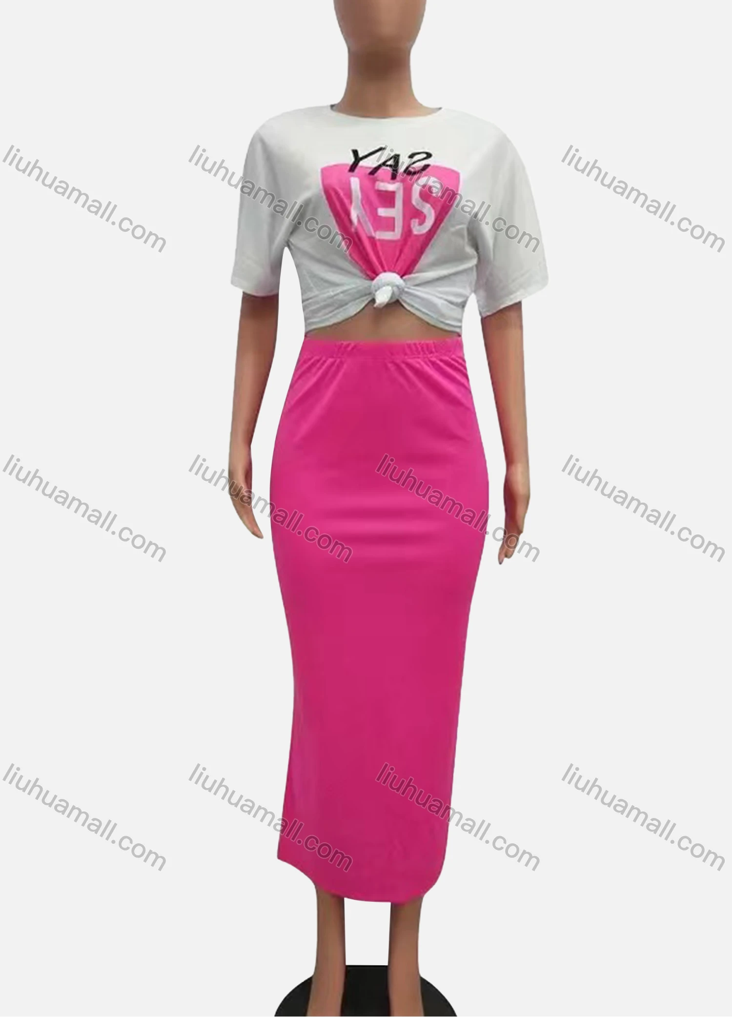 Wholesale Women's Casual Crew Neck Letter T-shirt & Plain Skirt Set - Liuhuamall