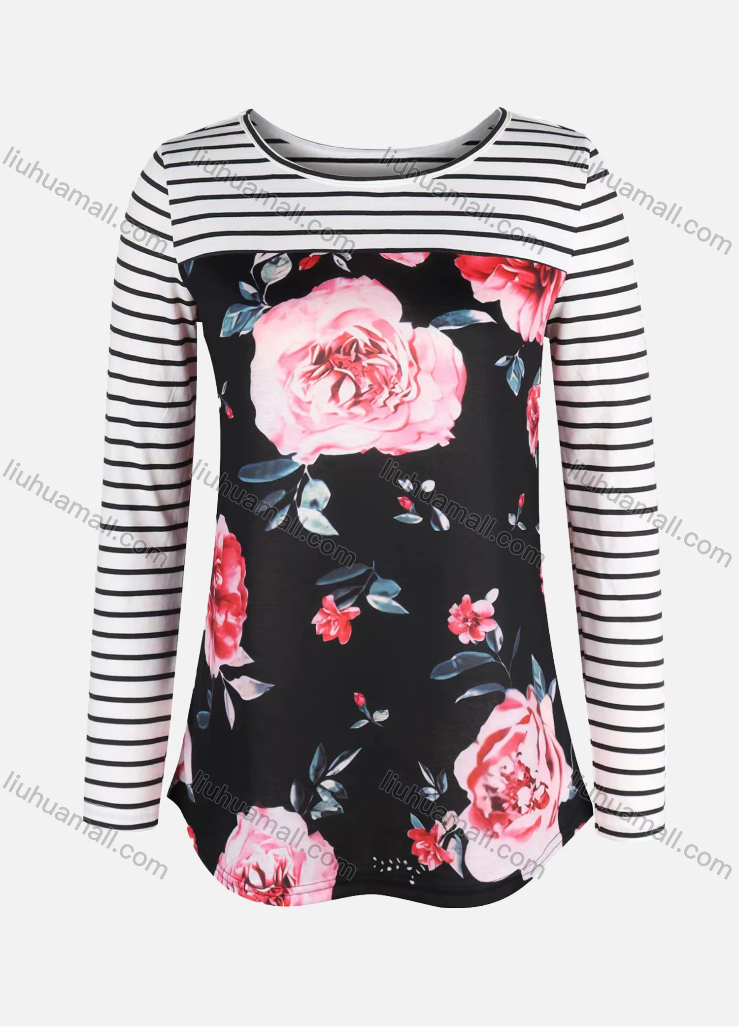 Wholesale Women's Casual Crew Neck Floral Print Striped Blouse - Liuhuamall