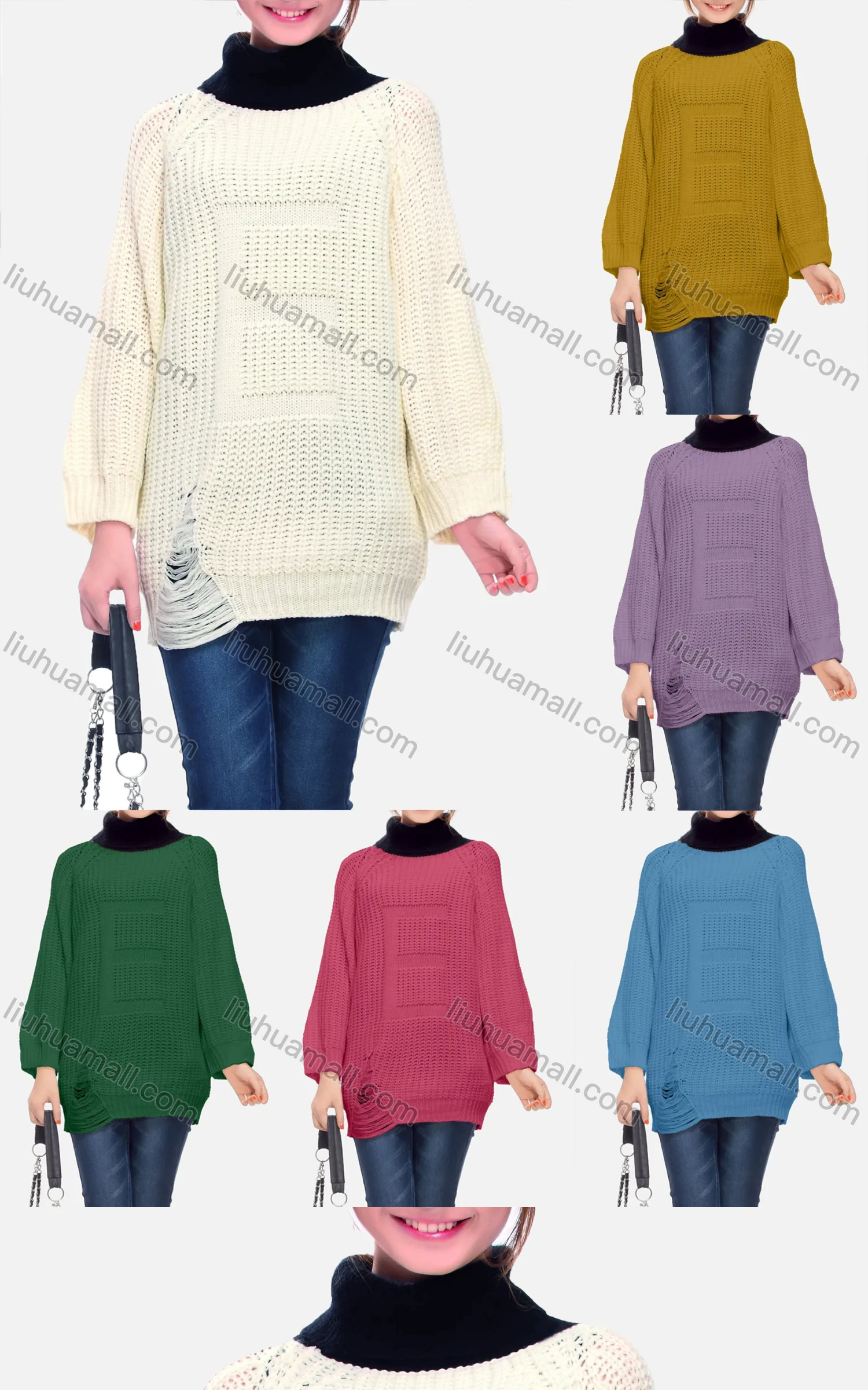 Wholesale Women's Casual Crew Neck Long Sleeve Plain Distressed Sweater - Liuhuamall