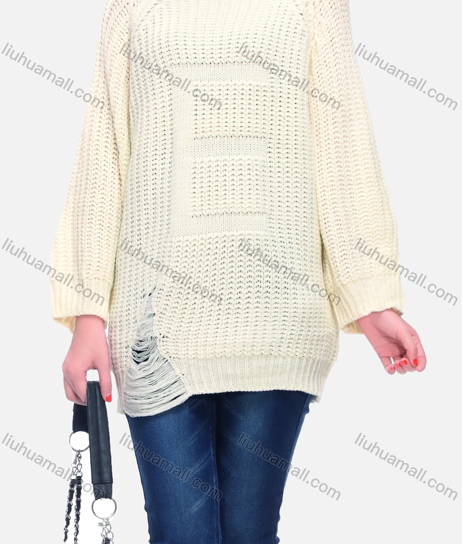 Wholesale Women's Casual Crew Neck Long Sleeve Plain Distressed Sweater - Liuhuamall