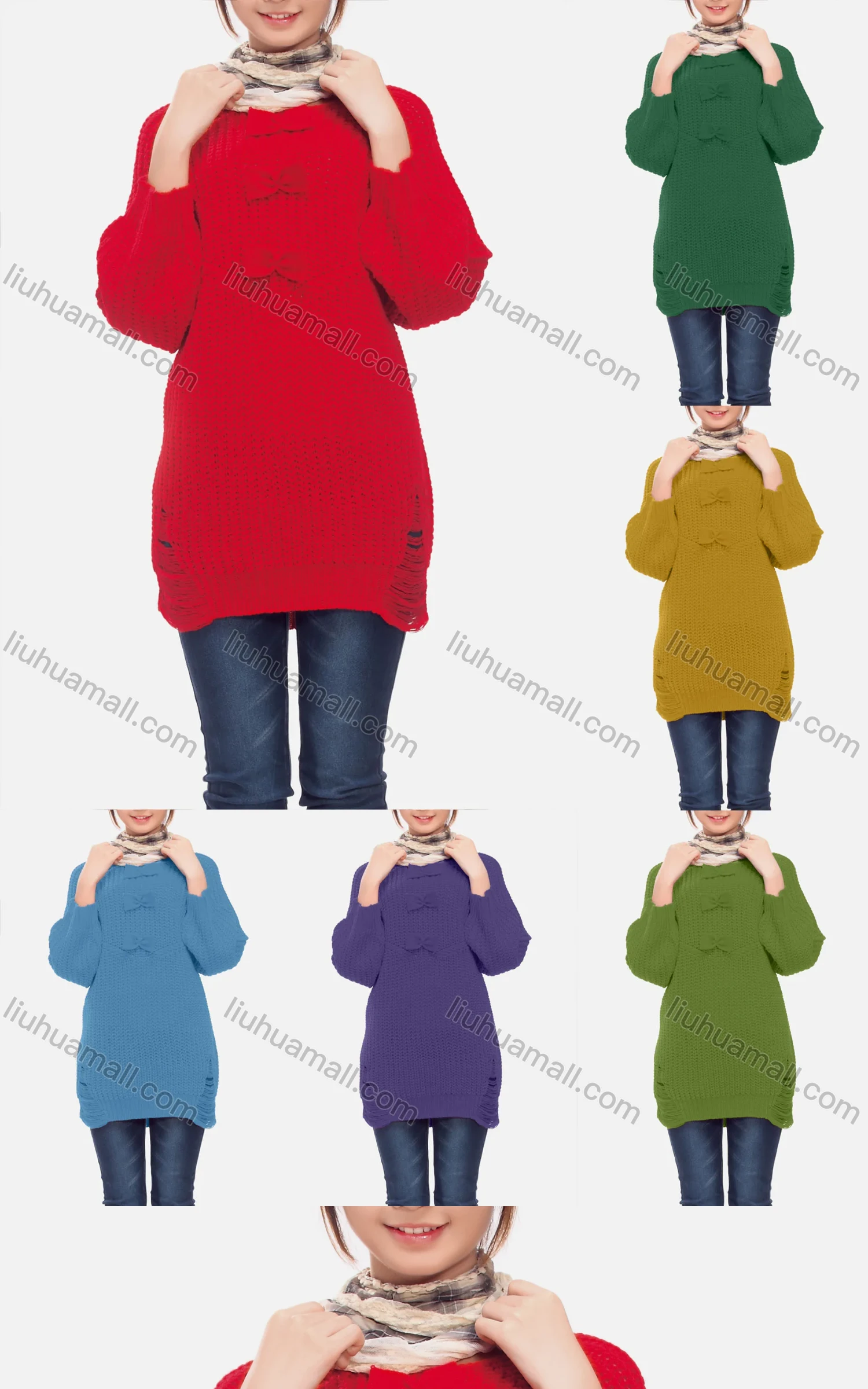 Wholesale Women's Casual Crew Neck Long Sleeve Bow Knot Distressed Sweater - Liuhuamall