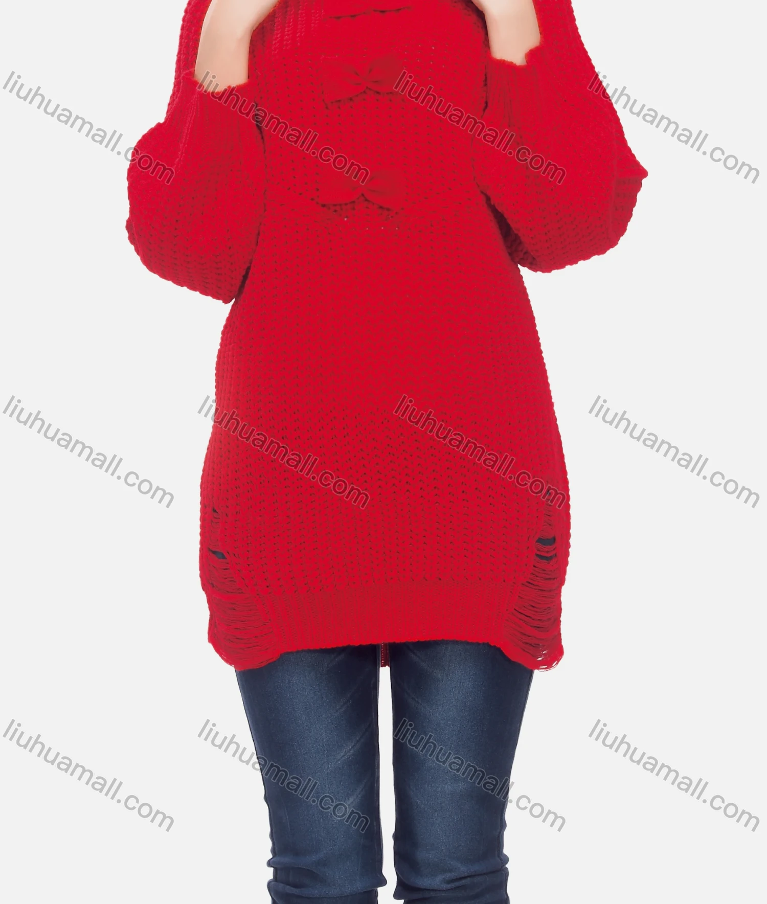 Wholesale Women's Casual Crew Neck Long Sleeve Bow Knot Distressed Sweater - Liuhuamall