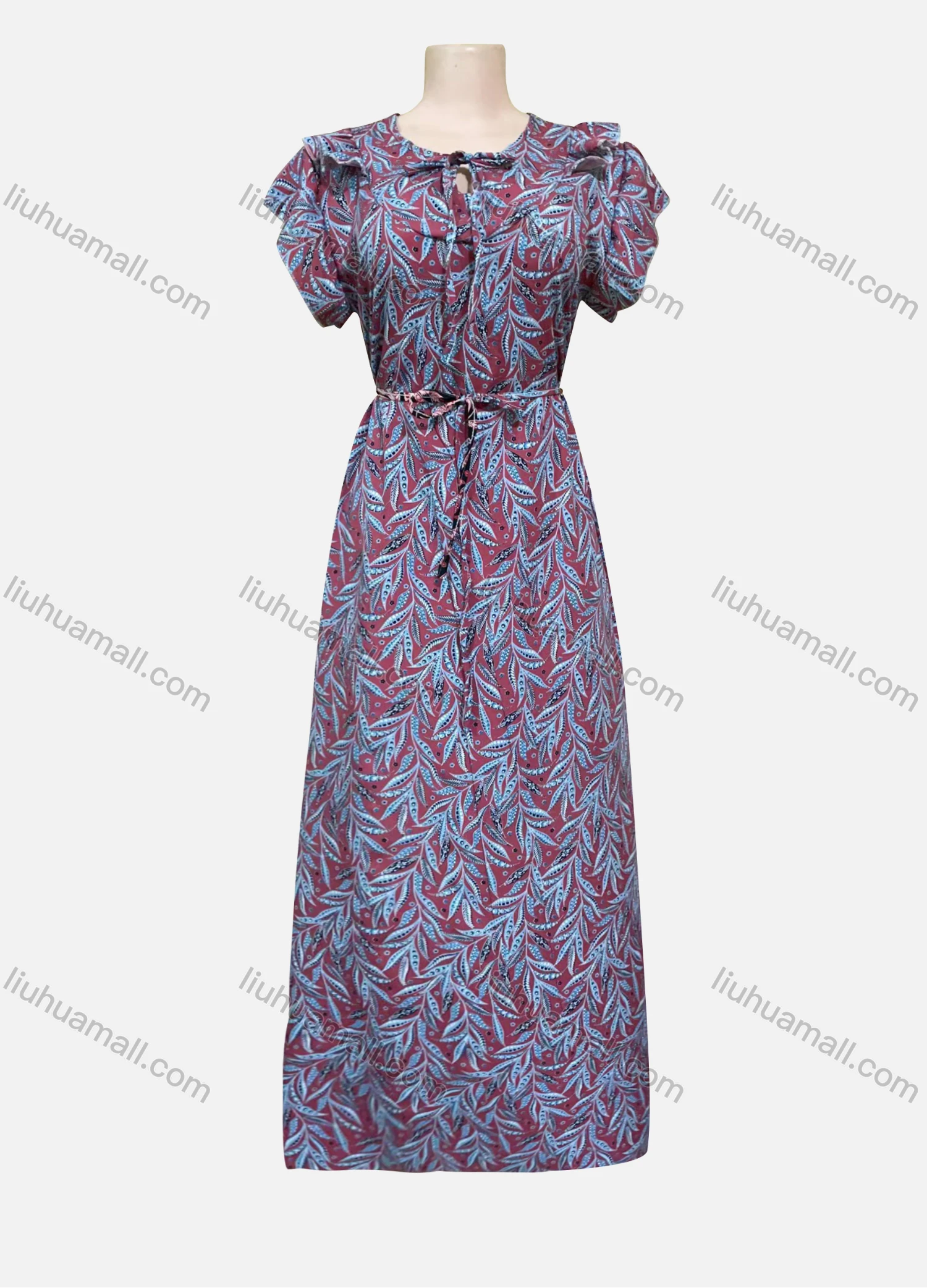 Wholesale Women's Casual Tie Neck Ruffle Sleeve Maxi Dress With Belt - Liuhuamall